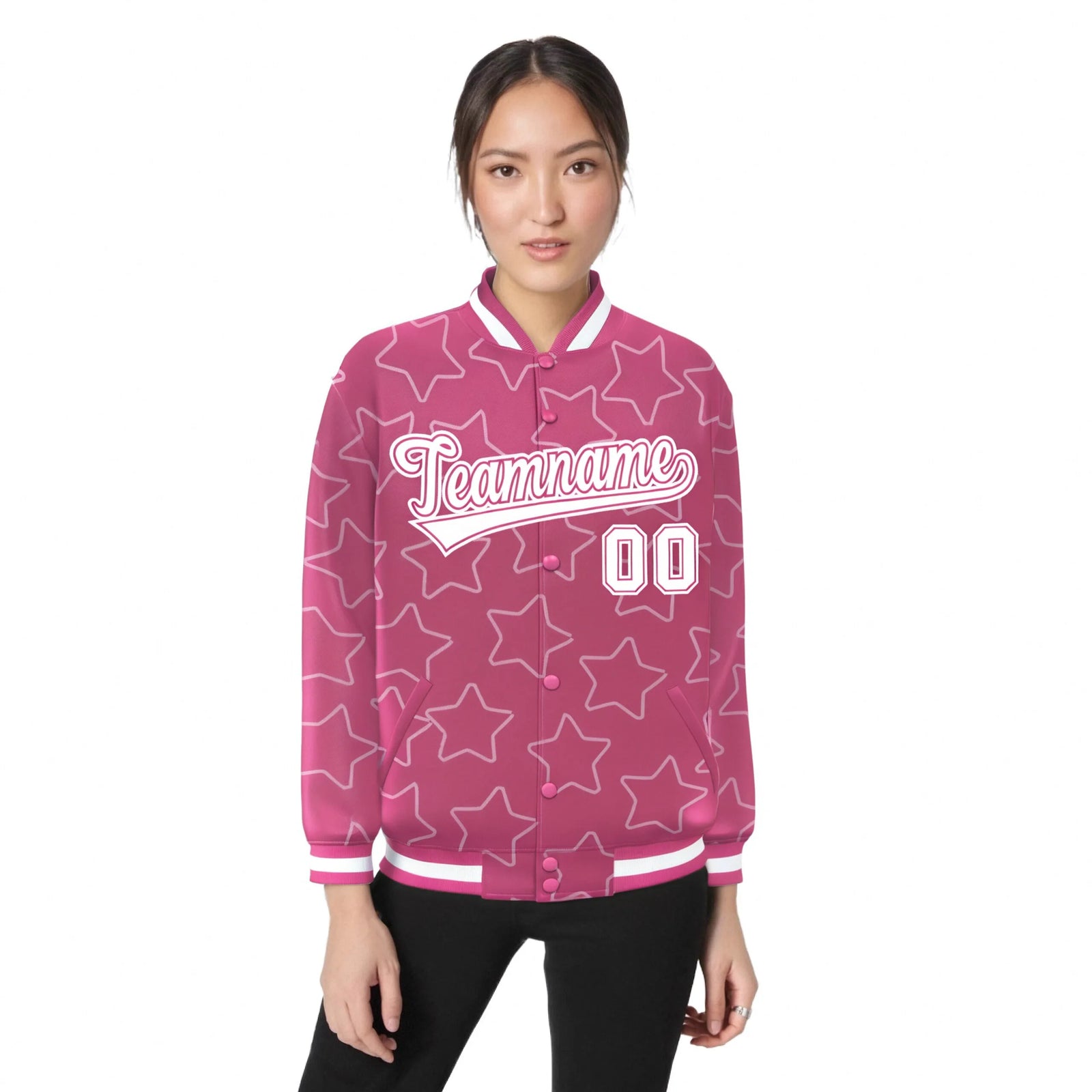 Custom Pink White Varsity Full-Snap Star Pattern Letterman Baseball Jacket