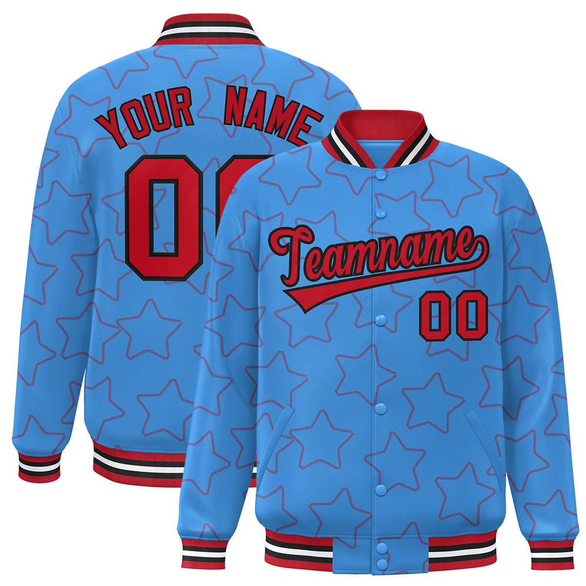Custom Powder Blue Red-Black Varsity Full-Snap Star Pattern Letterman Baseball Jacket