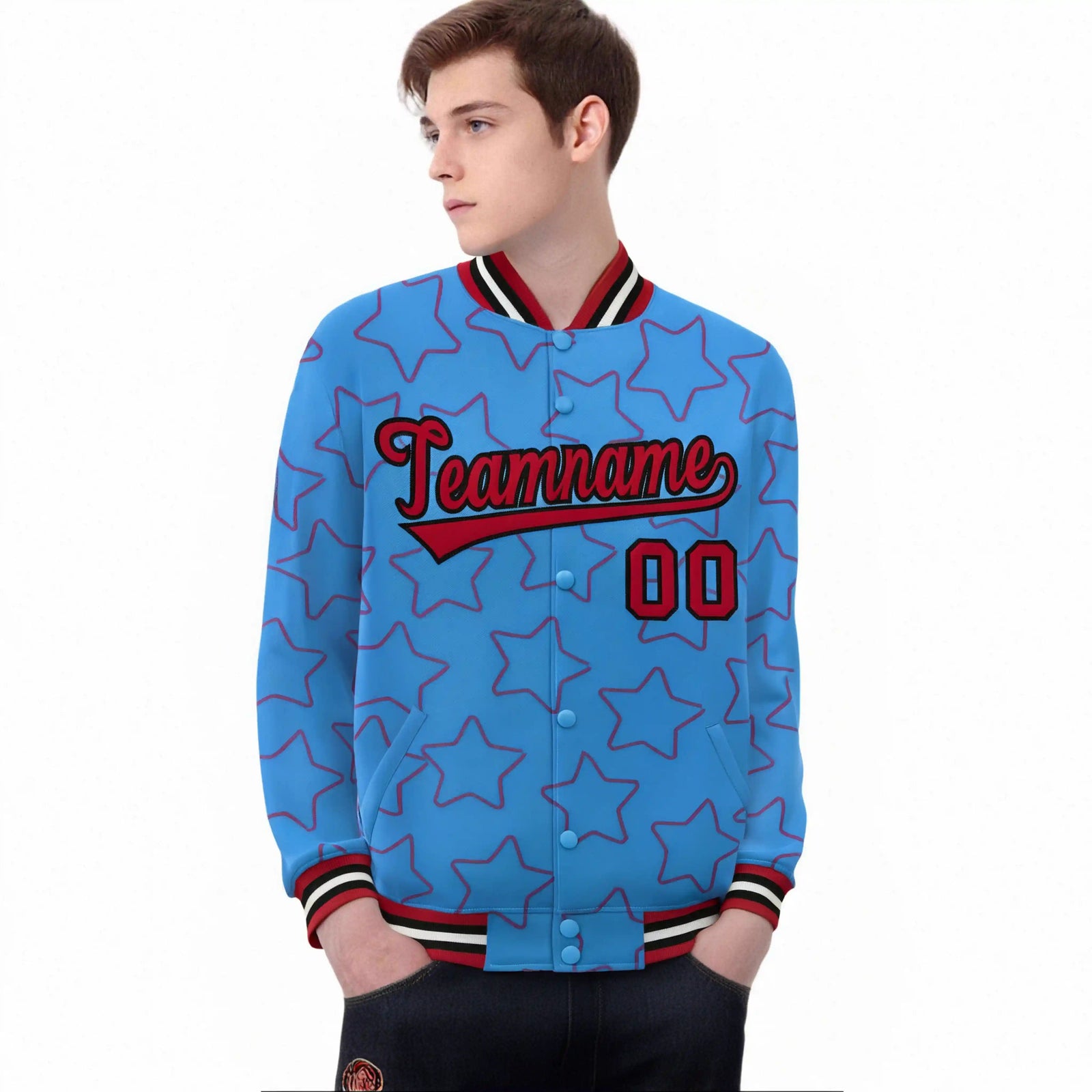 Custom Powder Blue Red-Black Varsity Full-Snap Star Pattern Letterman Baseball Jacket