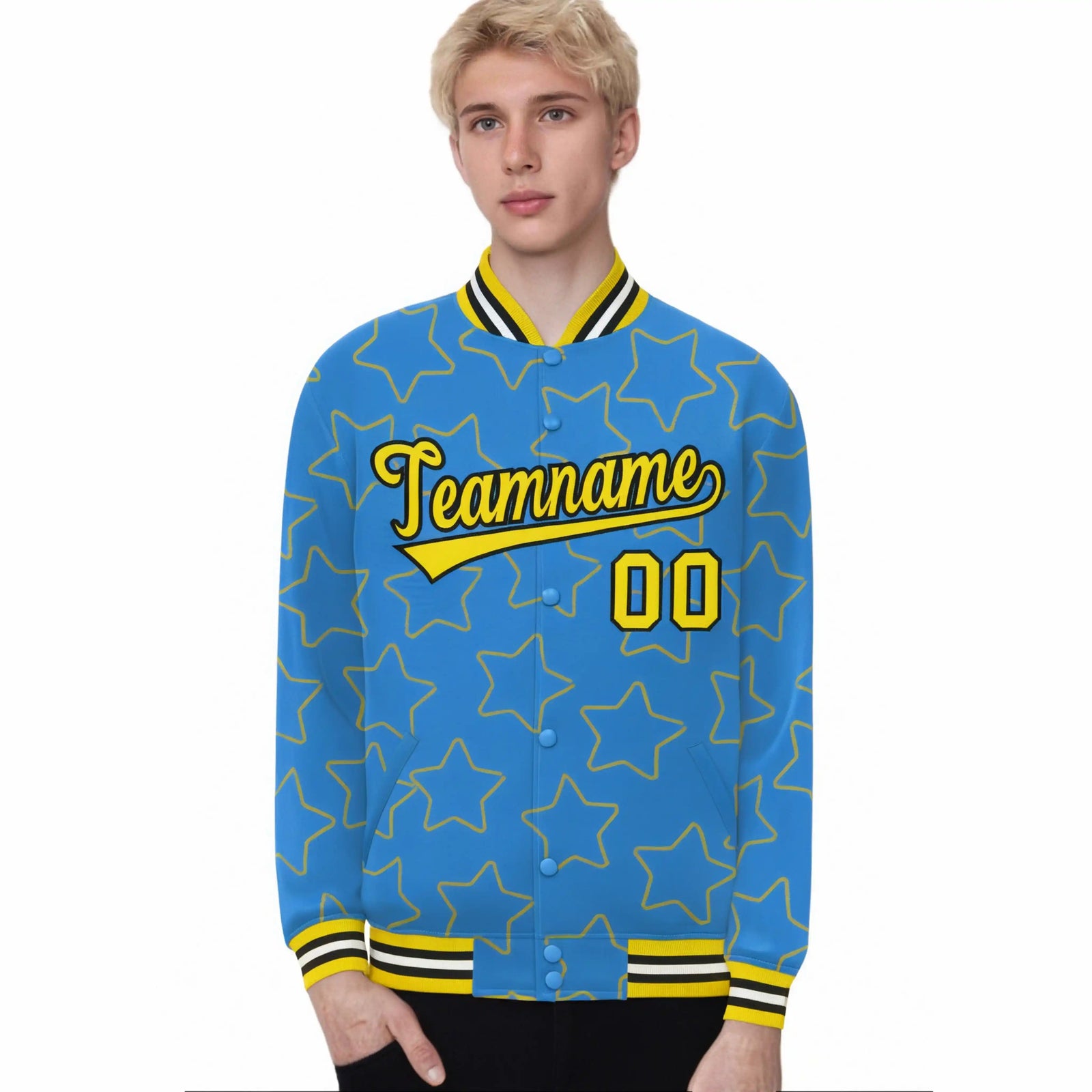 Custom Powder Blue Gold-Black Varsity Full-Snap Star Pattern Letterman Baseball Jacket