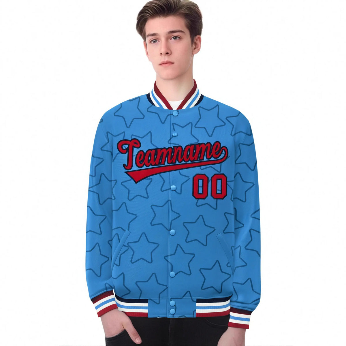 Custom Powder Blue Red-Navy Varsity Full-Snap Star Pattern Letterman Baseball Jacket