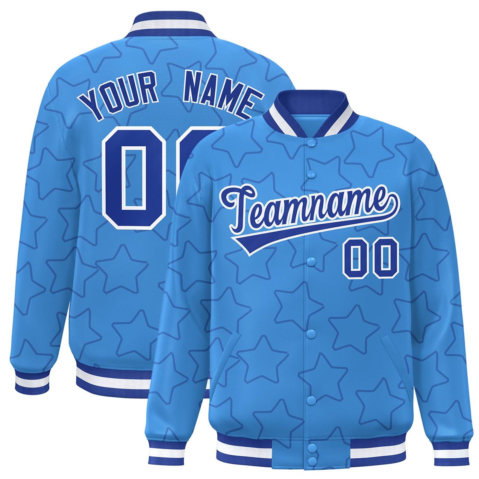 Custom Powder Blue Royal Blue-White Varsity Full-Snap Star Pattern Letterman Baseball Jacket