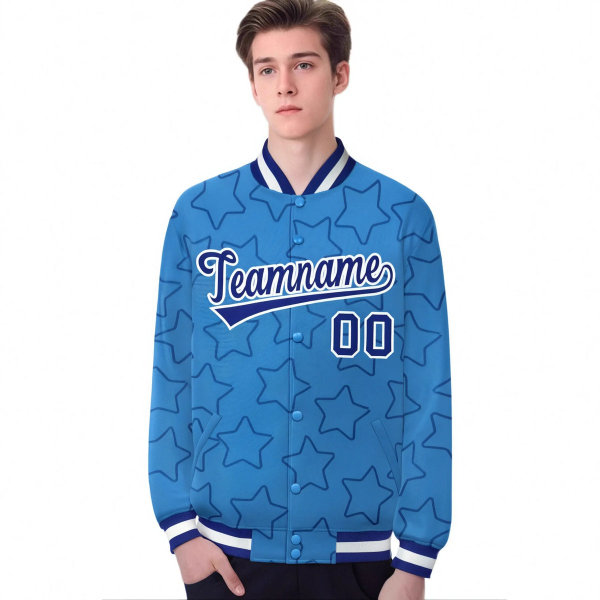 Custom Powder Blue Royal Blue-White Varsity Full-Snap Star Pattern Letterman Baseball Jacket