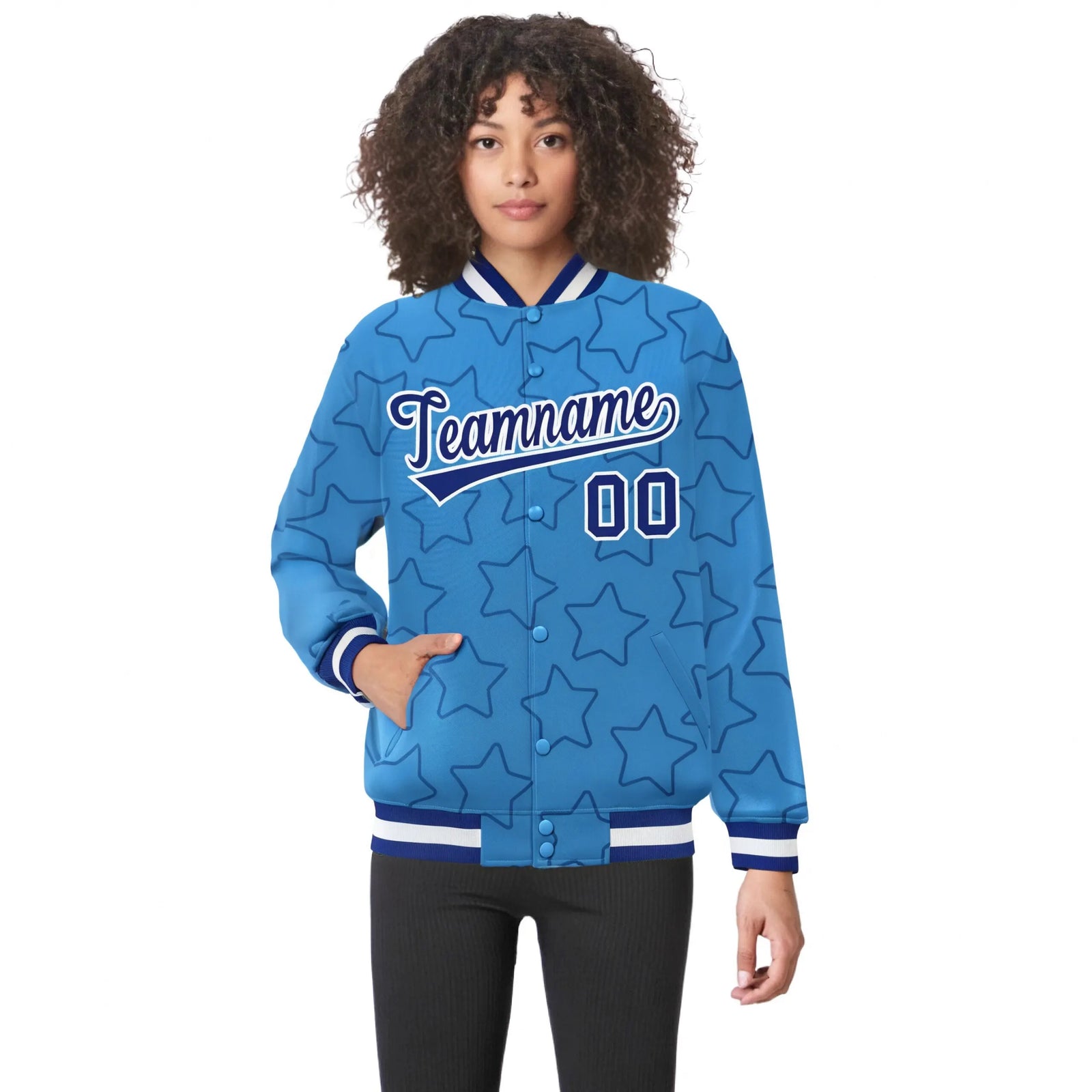 Custom Powder Blue Royal Blue-White Varsity Full-Snap Star Pattern Letterman Baseball Jacket