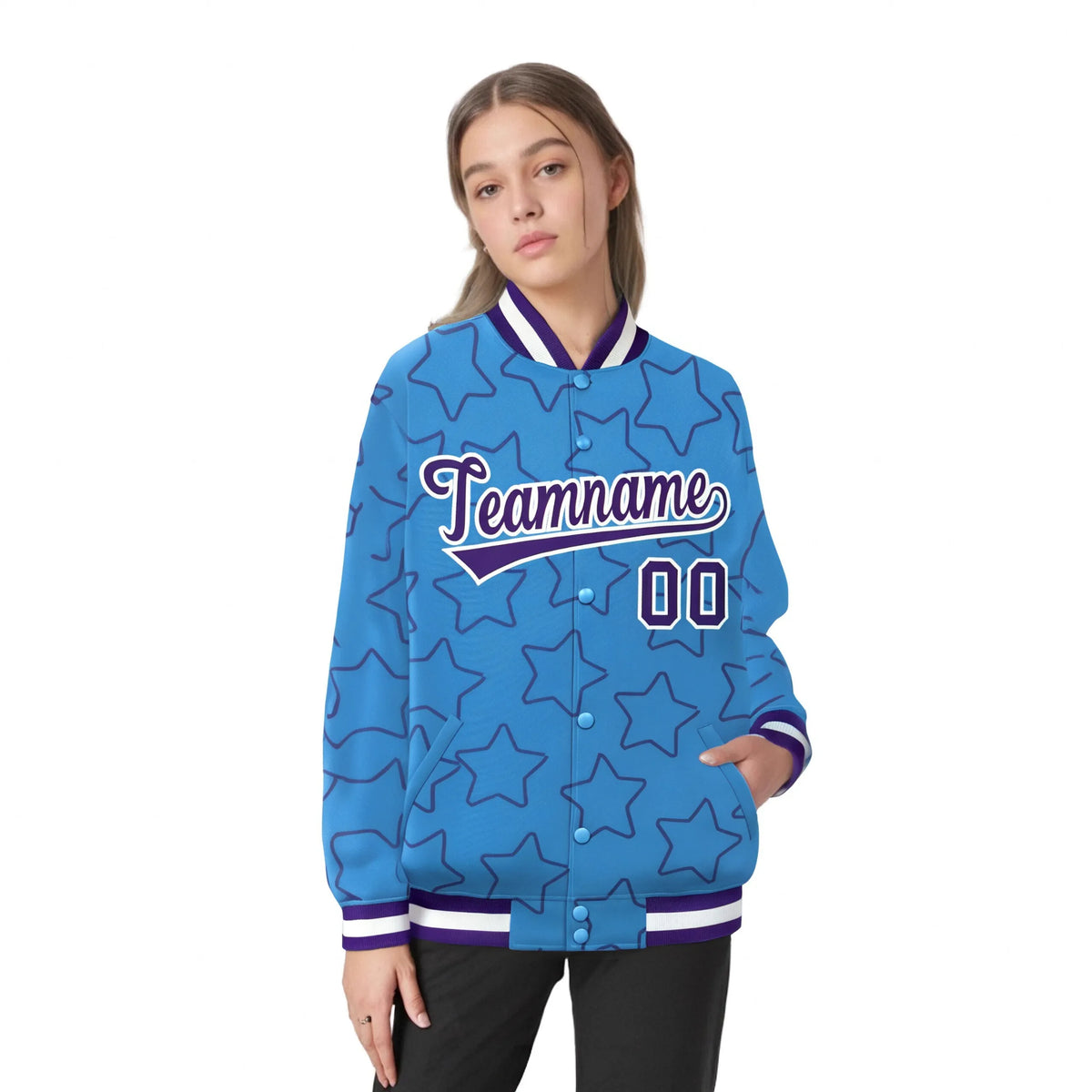 Custom Powder Blue Purple-White Varsity Full-Snap Star Pattern Letterman Baseball Jacket