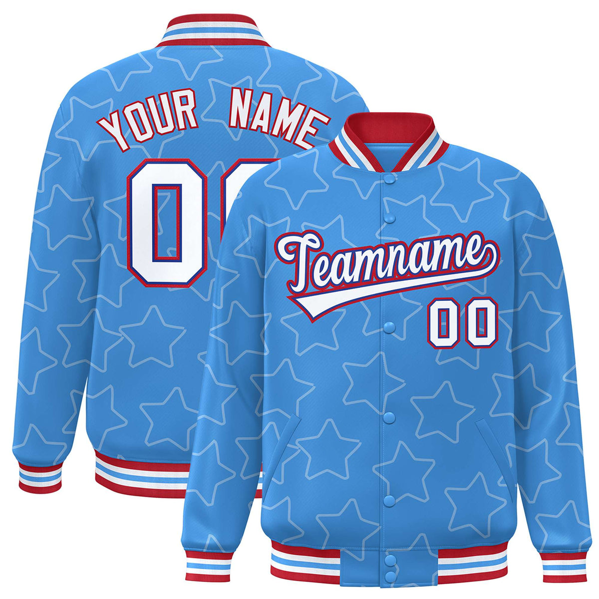Custom Powder Blue White-Red Varsity Full-Snap Star Pattern Letterman Baseball Jacket