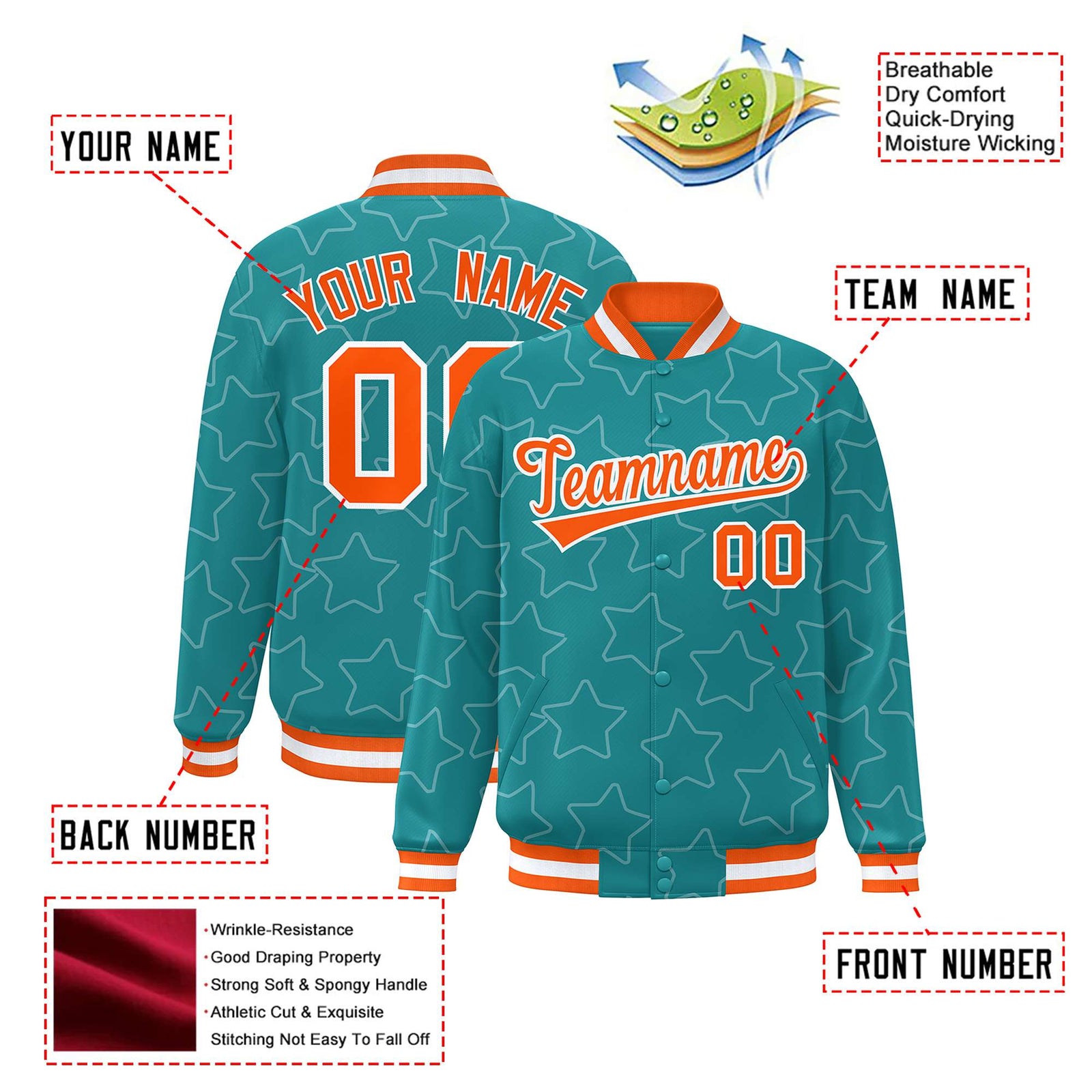 Custom Aqua Orange-White Varsity Full-Snap Star Pattern Letterman Baseball Jacket