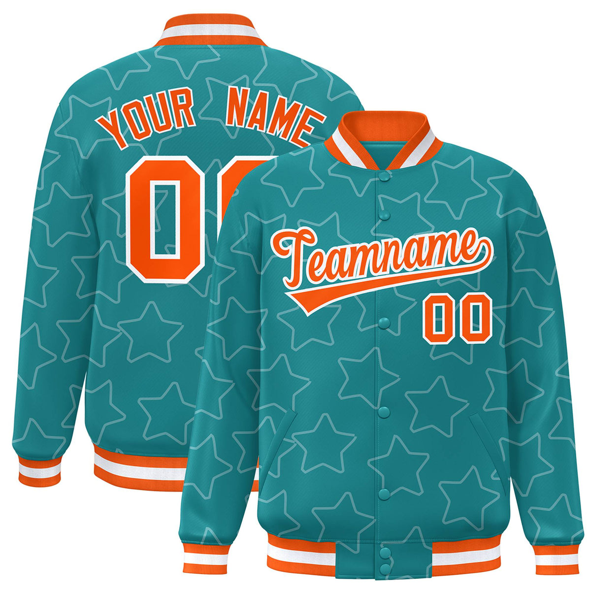 Custom Aqua Orange-White Varsity Full-Snap Star Pattern Letterman Baseball Jacket