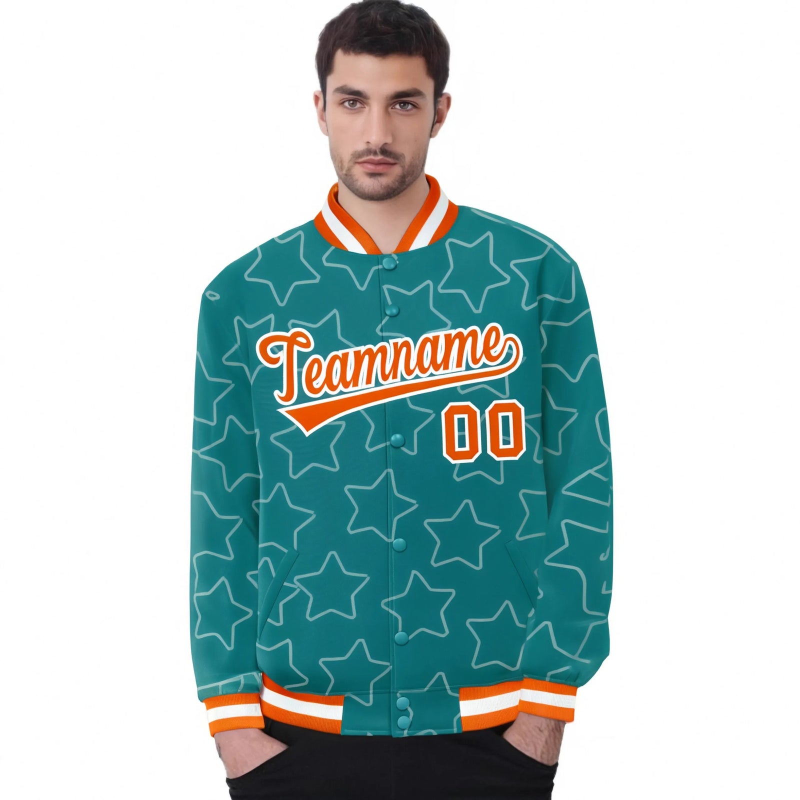 Custom Aqua Orange-White Varsity Full-Snap Star Pattern Letterman Baseball Jacket
