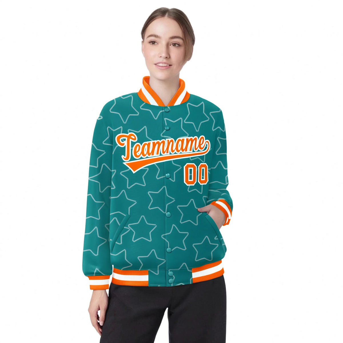 Custom Aqua Orange-White Varsity Full-Snap Star Pattern Letterman Baseball Jacket