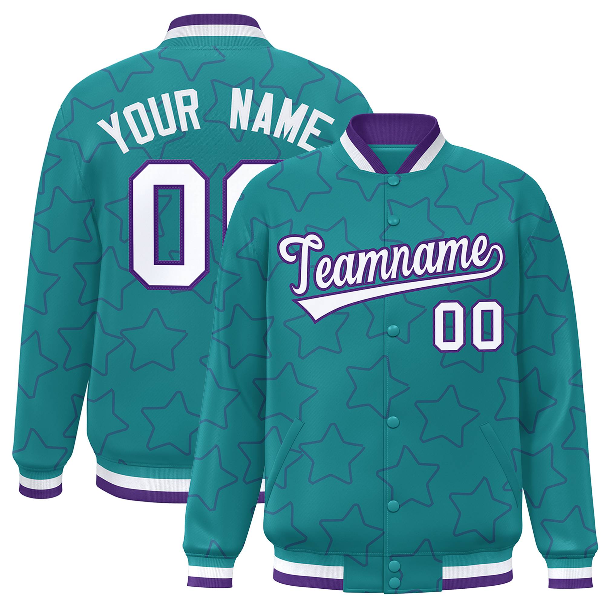 Custom Aqua White-Purple Varsity Full-Snap Star Pattern Letterman Baseball Jacket