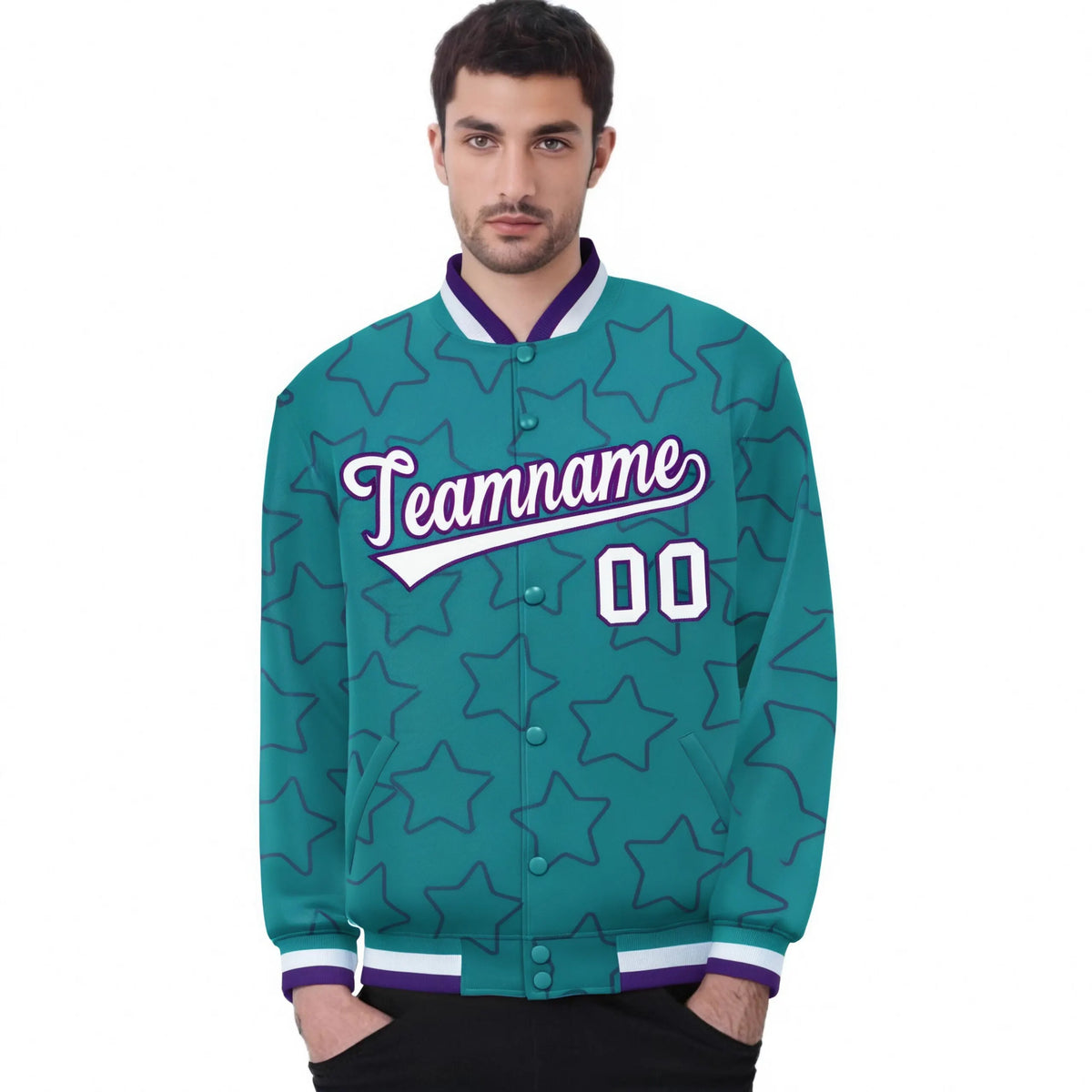 Custom Aqua White-Purple Varsity Full-Snap Star Pattern Letterman Baseball Jacket