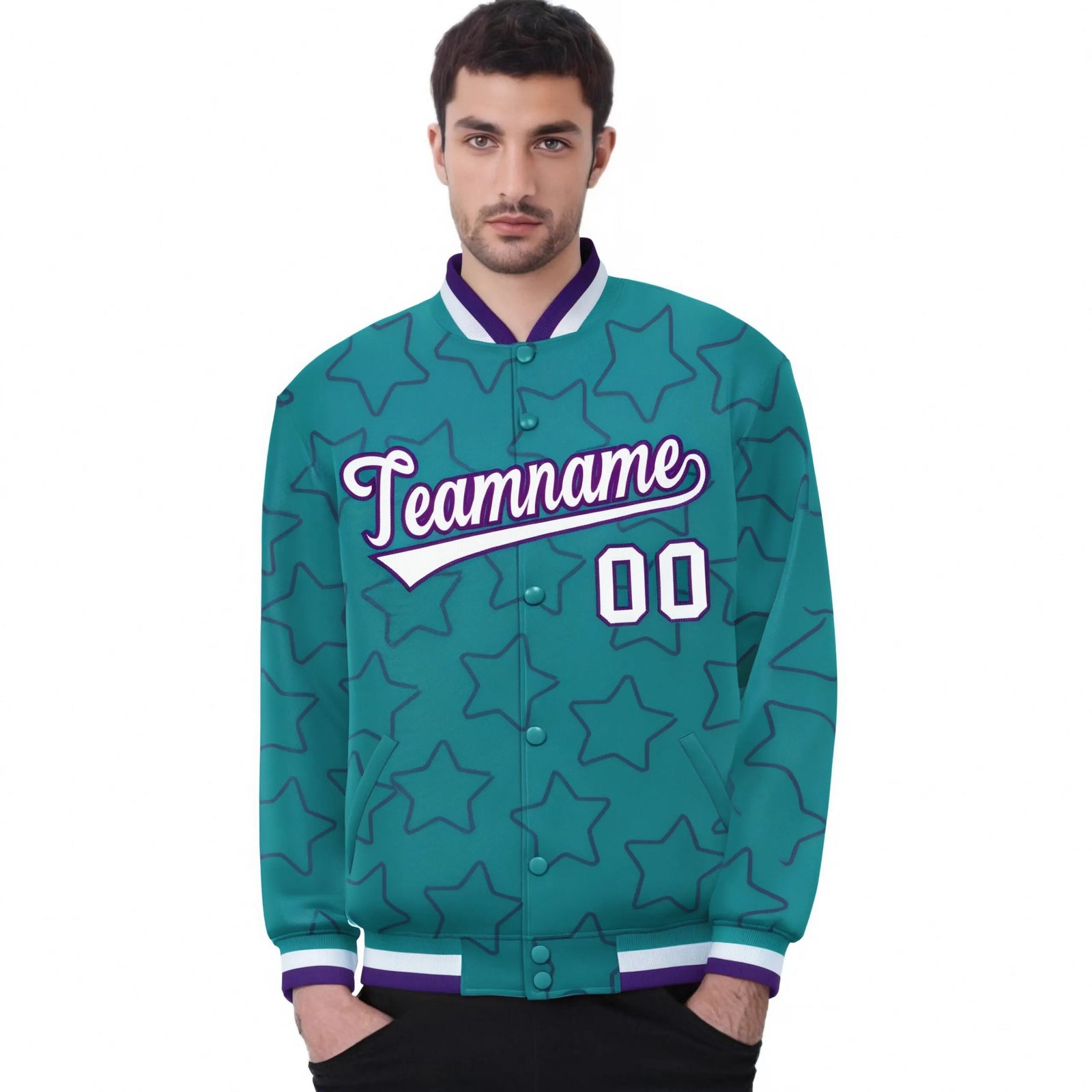 Custom Aqua White-Purple Varsity Full-Snap Star Pattern Letterman Baseball Jacket