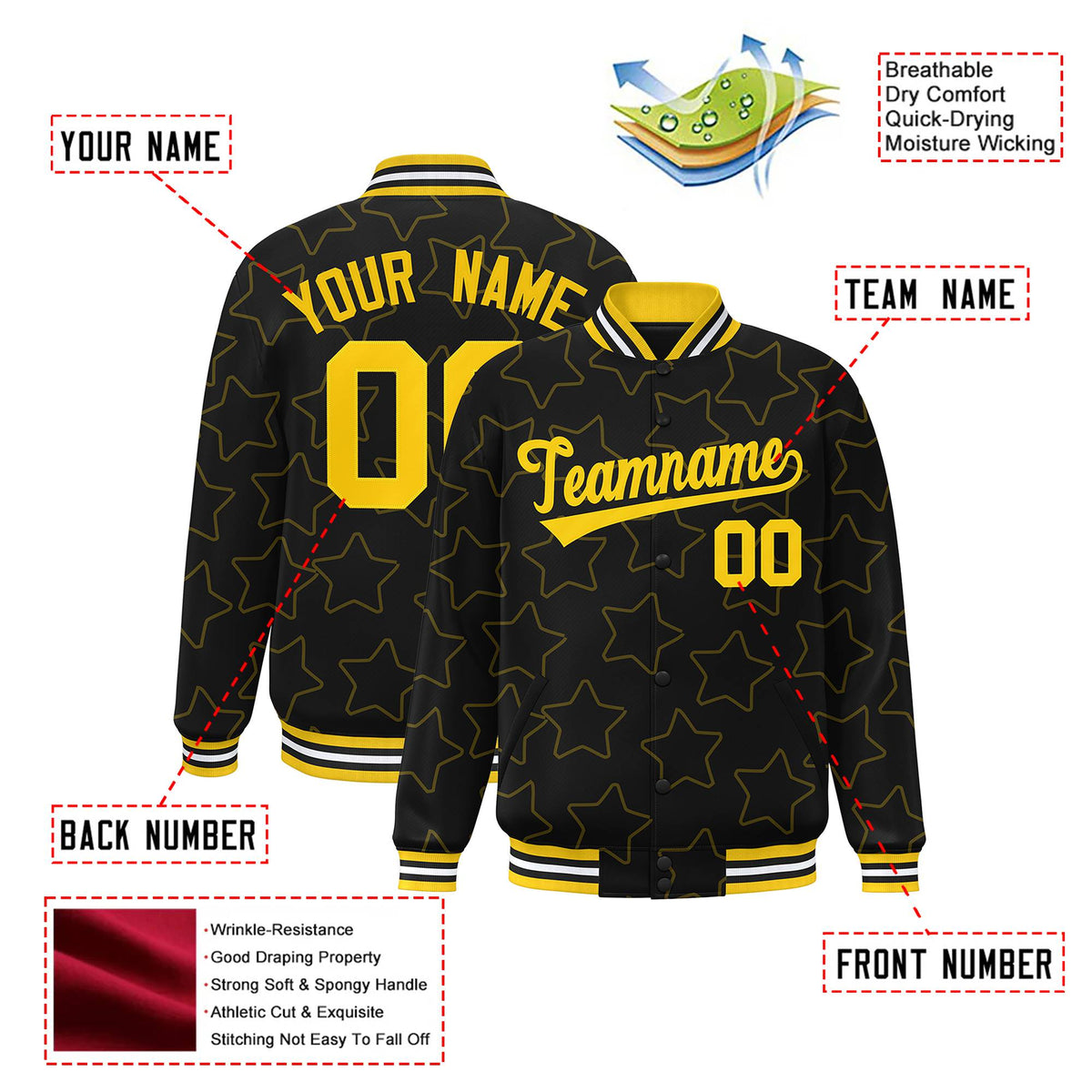 Custom Black Gold Varsity Full-Snap Star Pattern Letterman Baseball Jacket