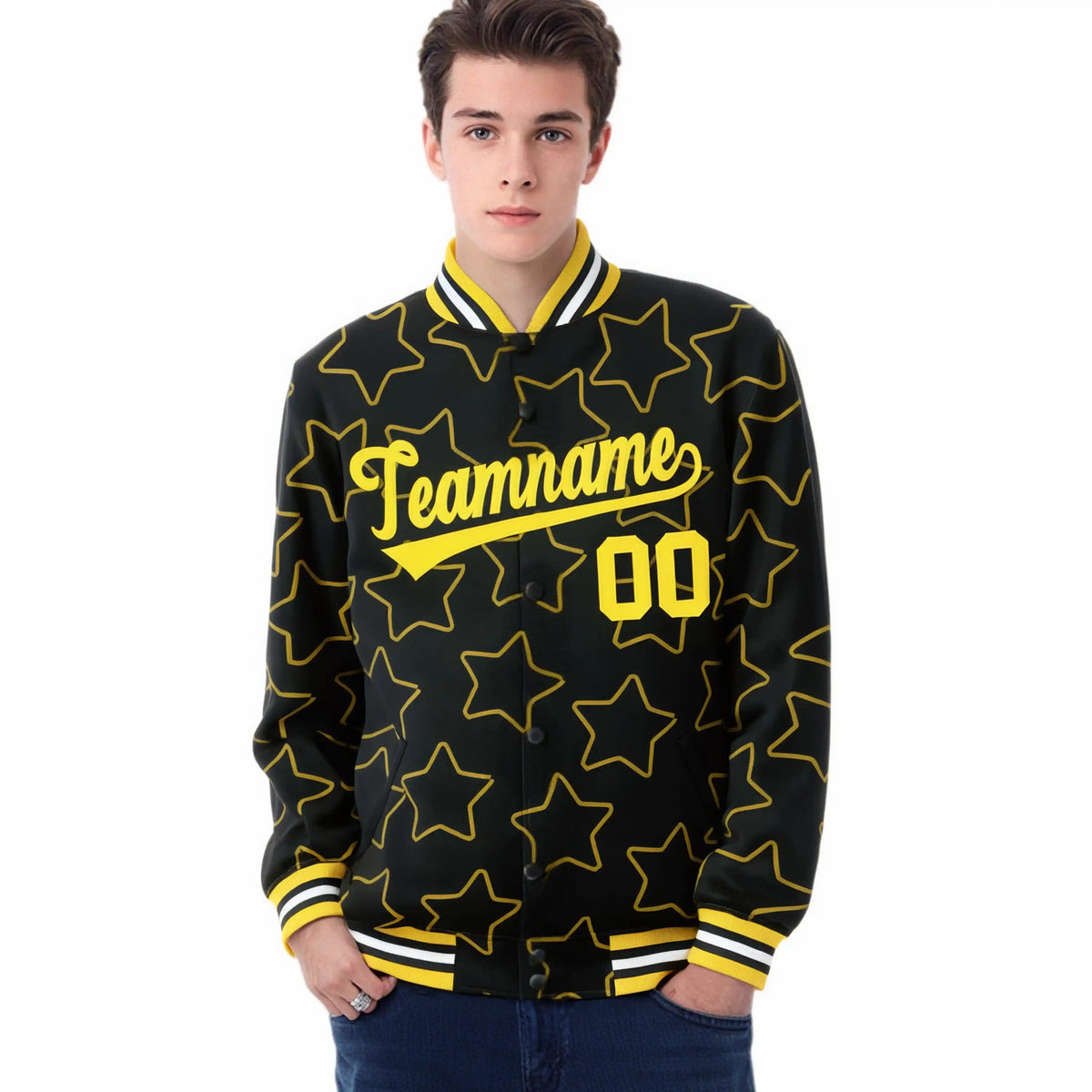 Custom Black Gold Varsity Full-Snap Star Pattern Letterman Baseball Jacket
