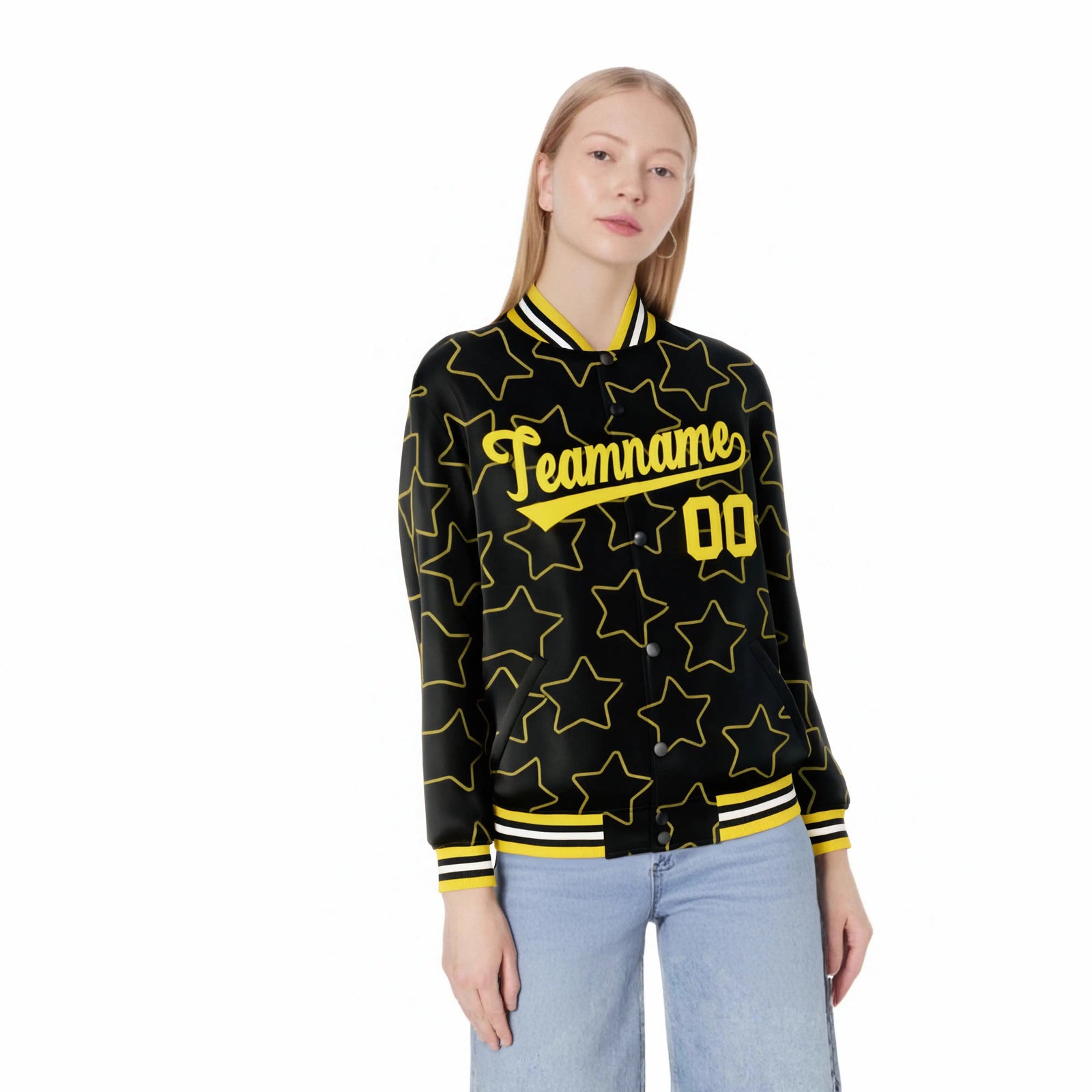 Custom Black Gold Varsity Full-Snap Star Pattern Letterman Baseball Jacket