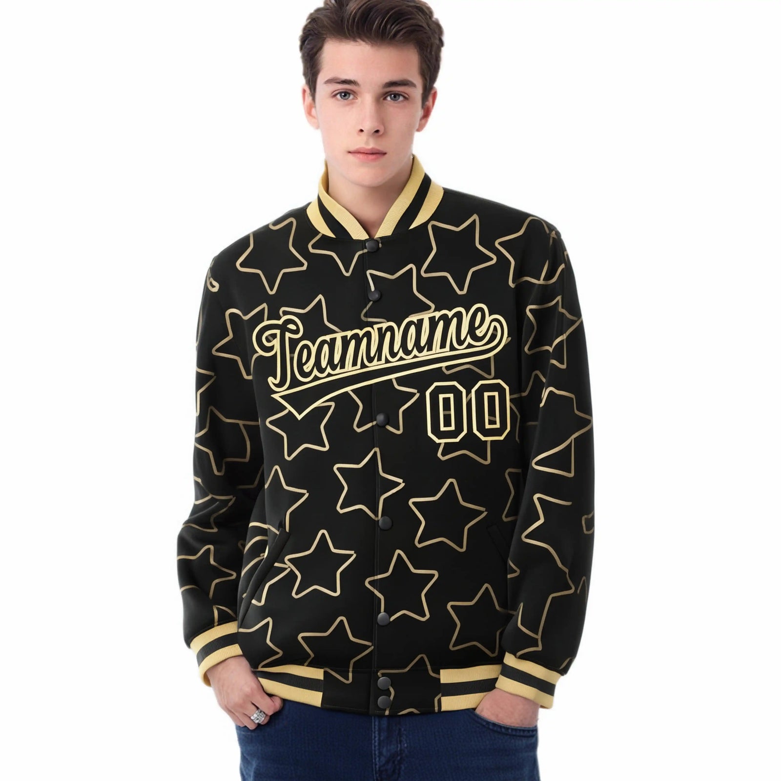 Custom Black Old-Gold Varsity Full-Snap Star Pattern Letterman Baseball Jacket