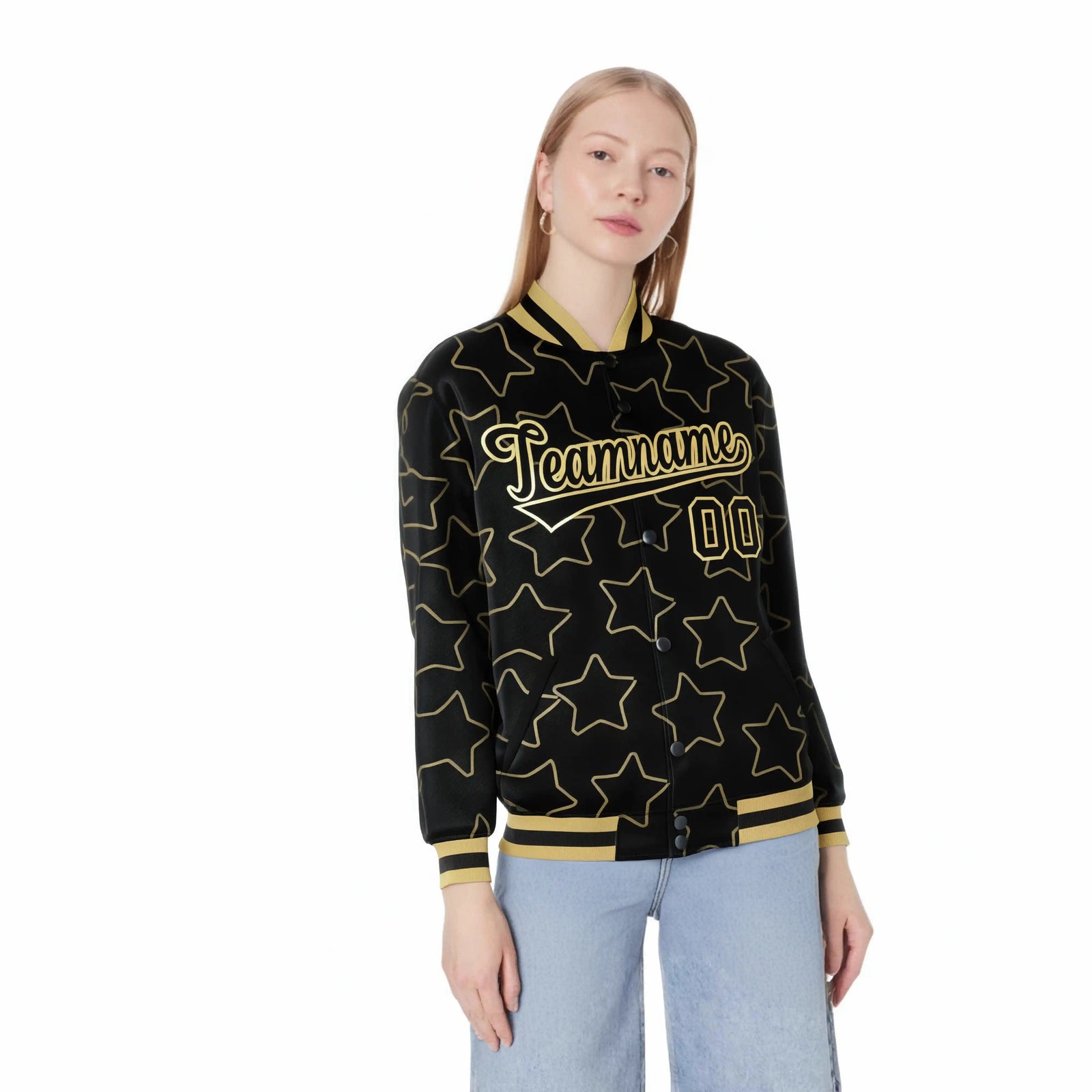 Custom Black Old-Gold Varsity Full-Snap Star Pattern Letterman Baseball Jacket
