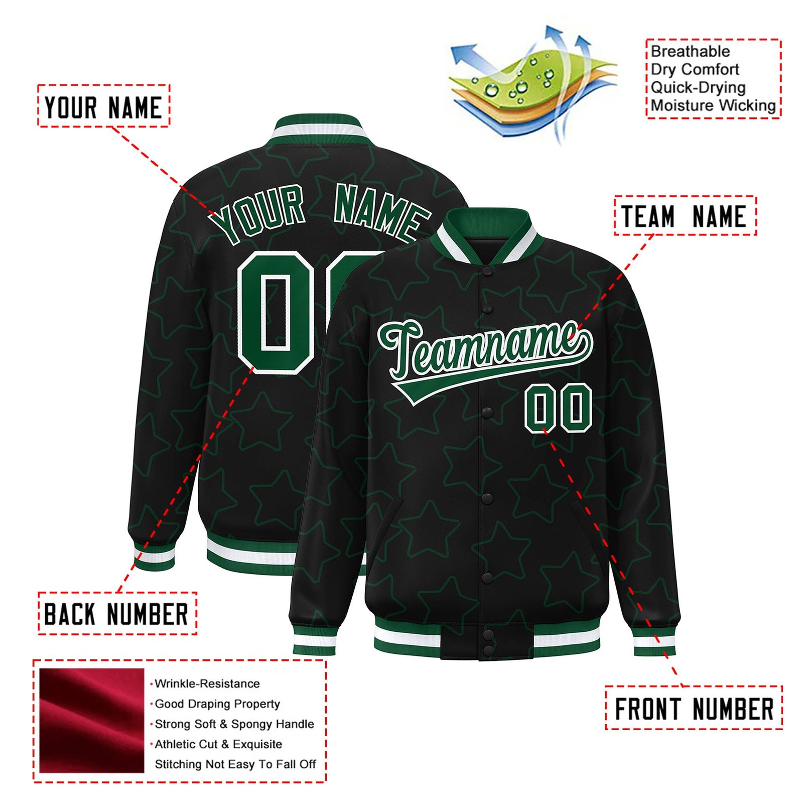 Custom Black Green-White Varsity Full-Snap Star Pattern Letterman Baseball Jacket