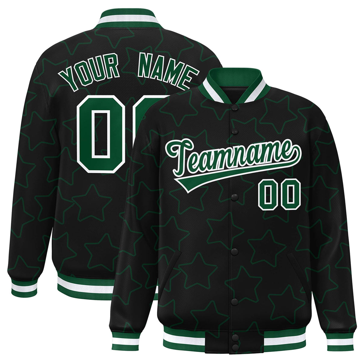 Custom Black Green-White Varsity Full-Snap Star Pattern Letterman Baseball Jacket