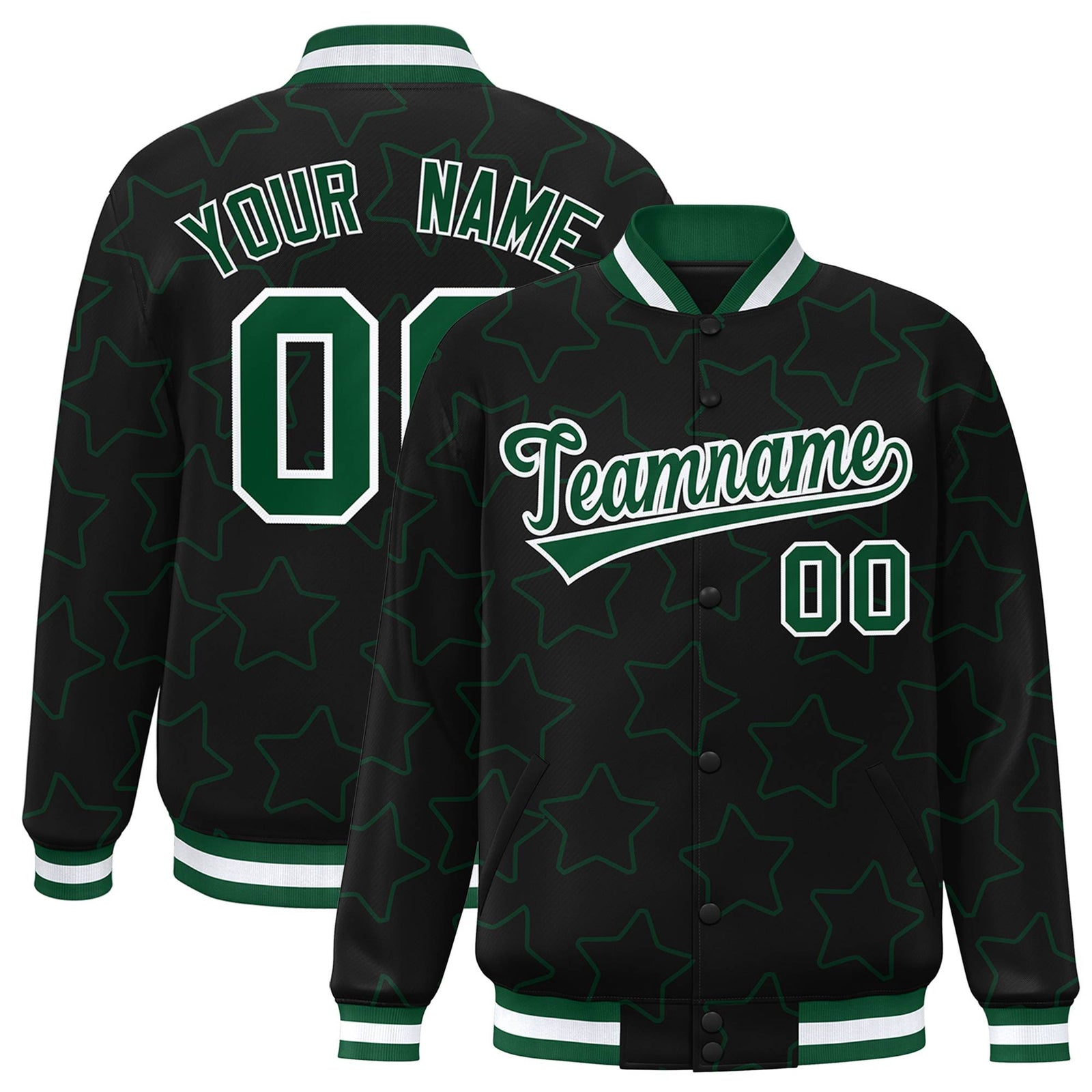 Custom Black Green-White Varsity Full-Snap Star Pattern Letterman Baseball Jacket