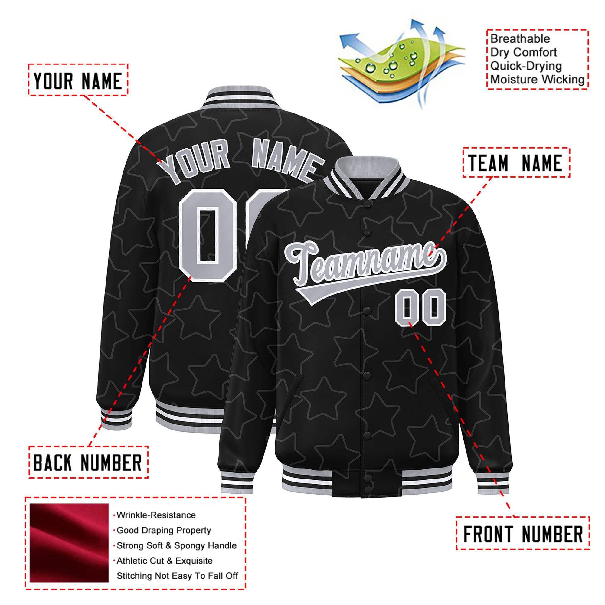 Custom Black Gray-White Varsity Full-Snap Star Pattern Letterman Baseball Jacket