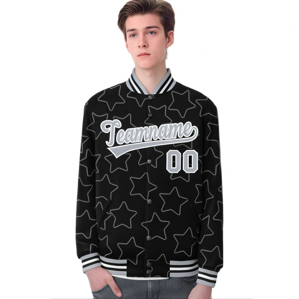 Custom Black Gray-White Varsity Full-Snap Star Pattern Letterman Baseball Jacket