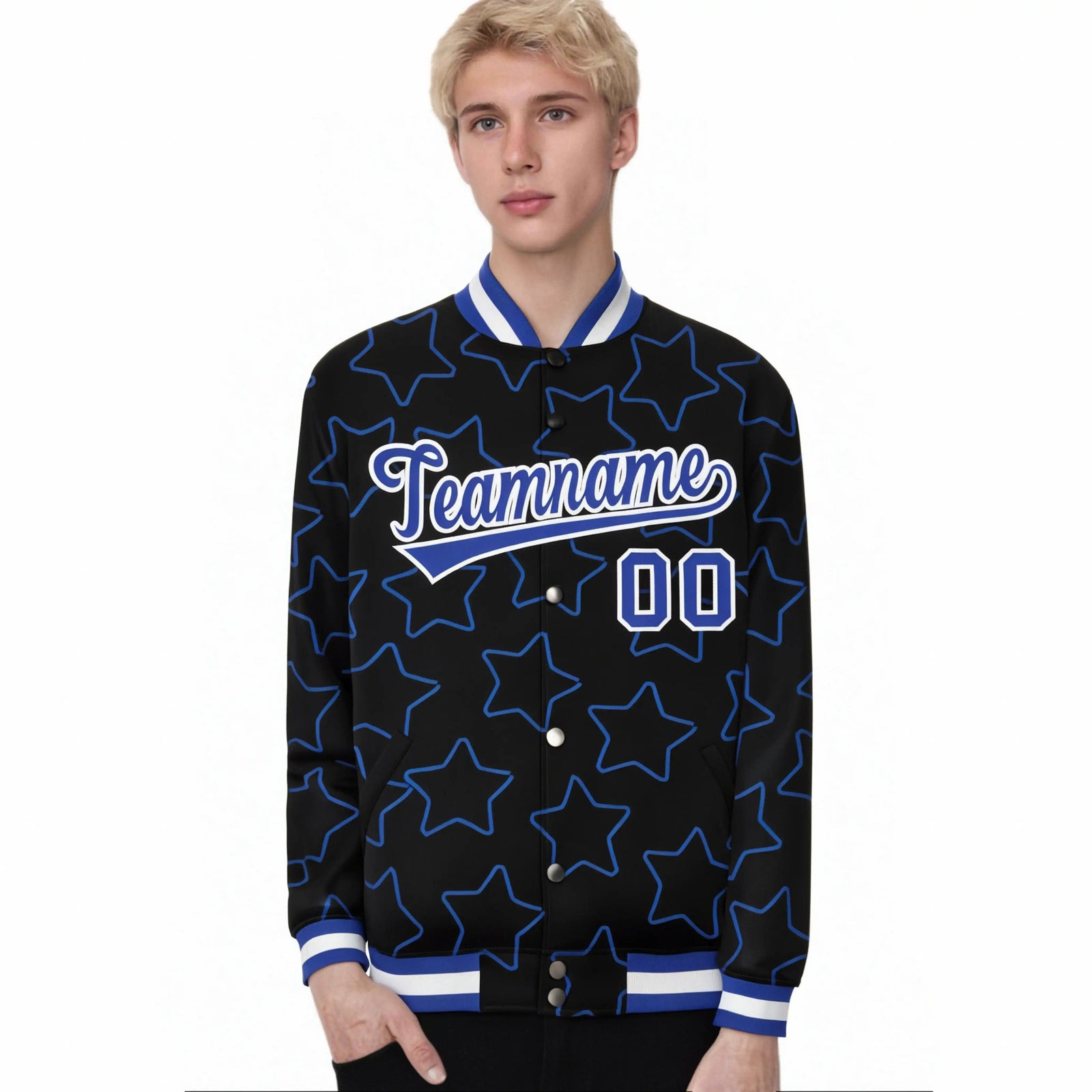 Custom Black Royal Blue-White Varsity Full-Snap Star Pattern Letterman Baseball Jacket