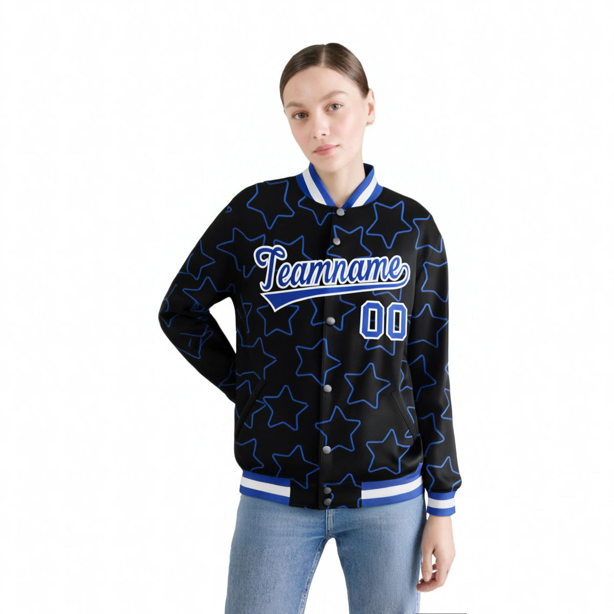 Custom Black Royal Blue-White Varsity Full-Snap Star Pattern Letterman Baseball Jacket