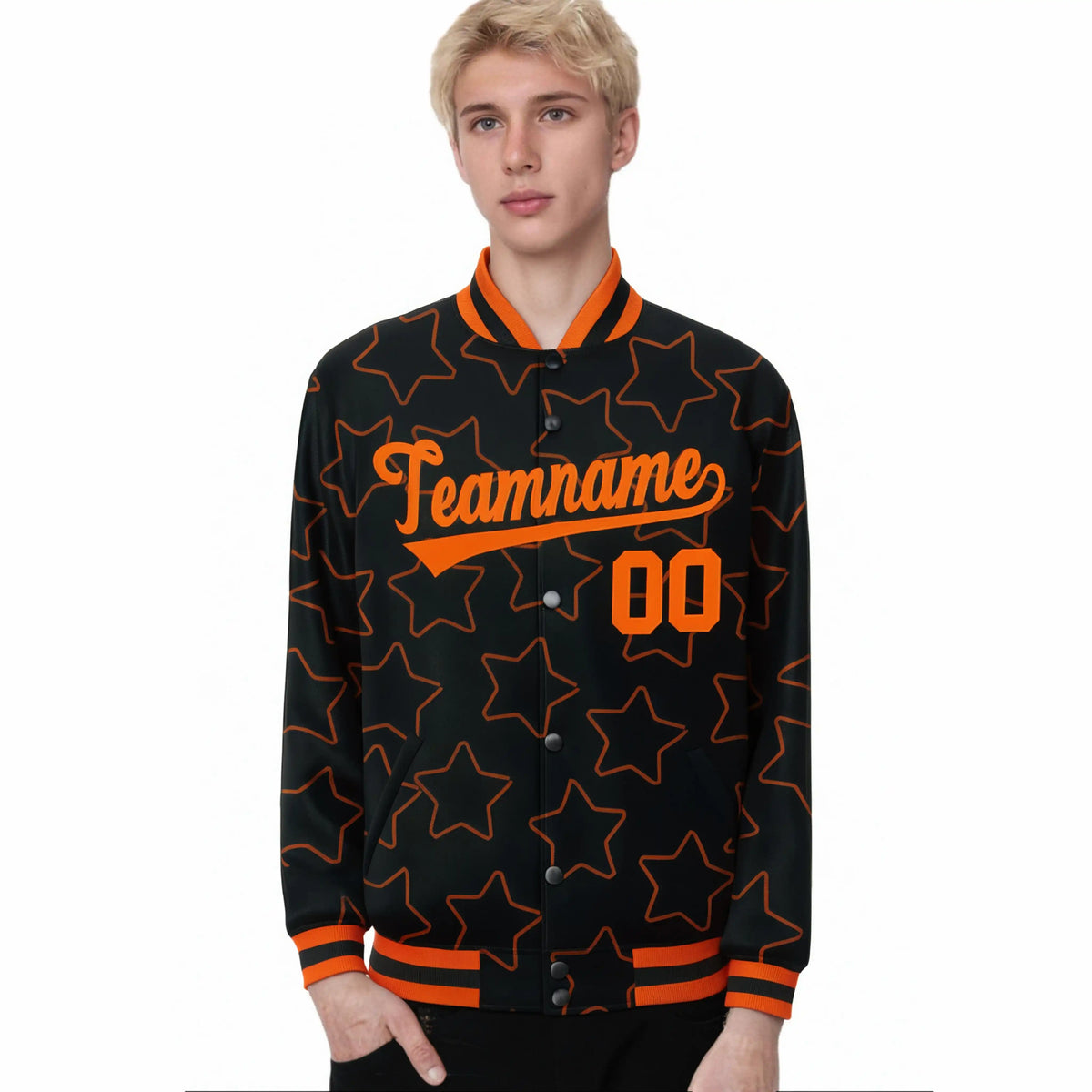 Custom Black Orange Varsity Full-Snap Star Pattern Letterman Baseball Jacket