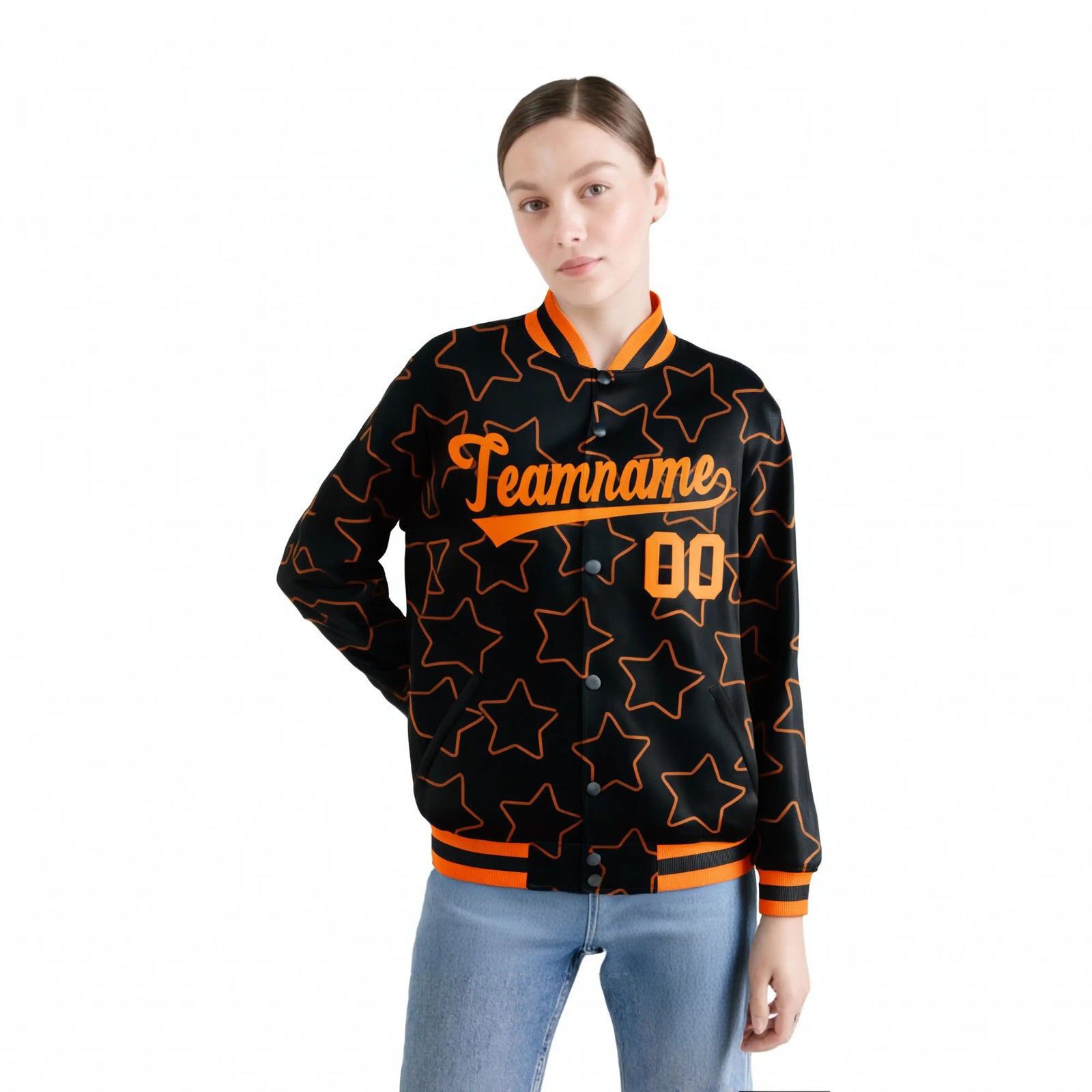 Custom Black Orange Varsity Full-Snap Star Pattern Letterman Baseball Jacket