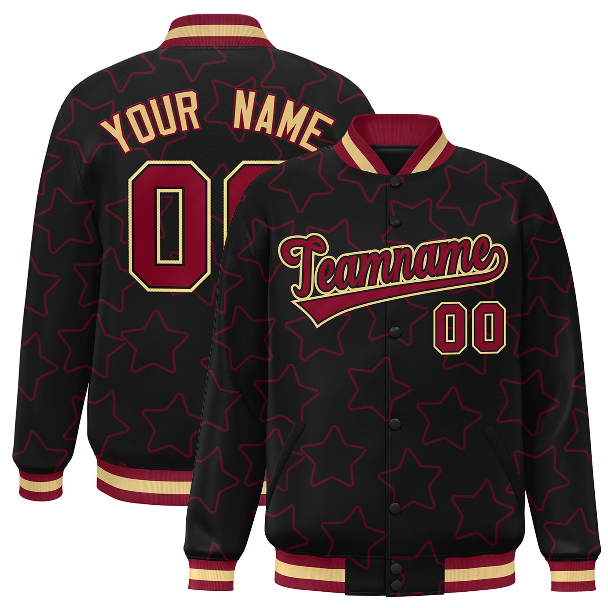 Custom Black Red-Old Gold Varsity Full-Snap Star Pattern Letterman Baseball Jacket