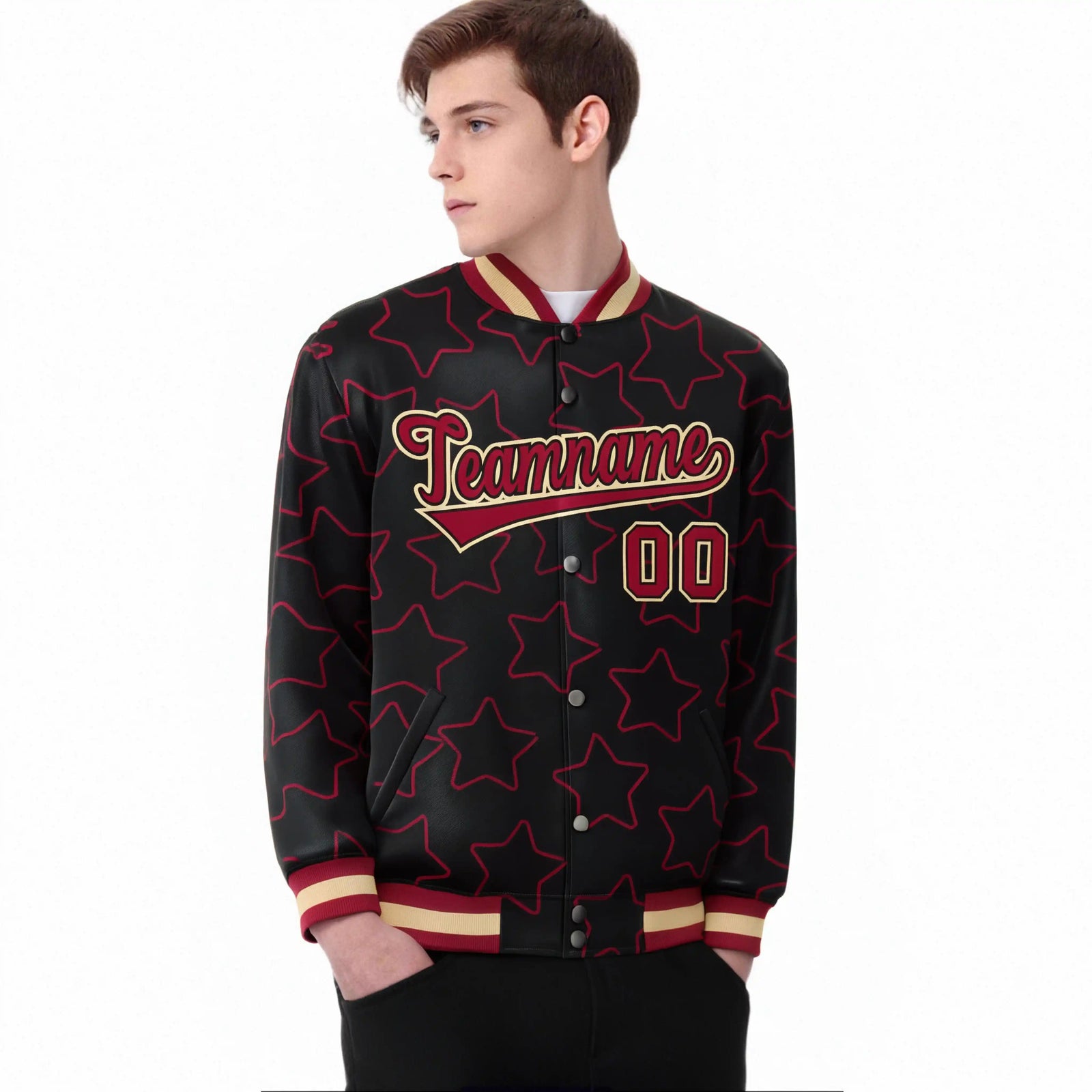 Custom Black Red-Old Gold Varsity Full-Snap Star Pattern Letterman Baseball Jacket