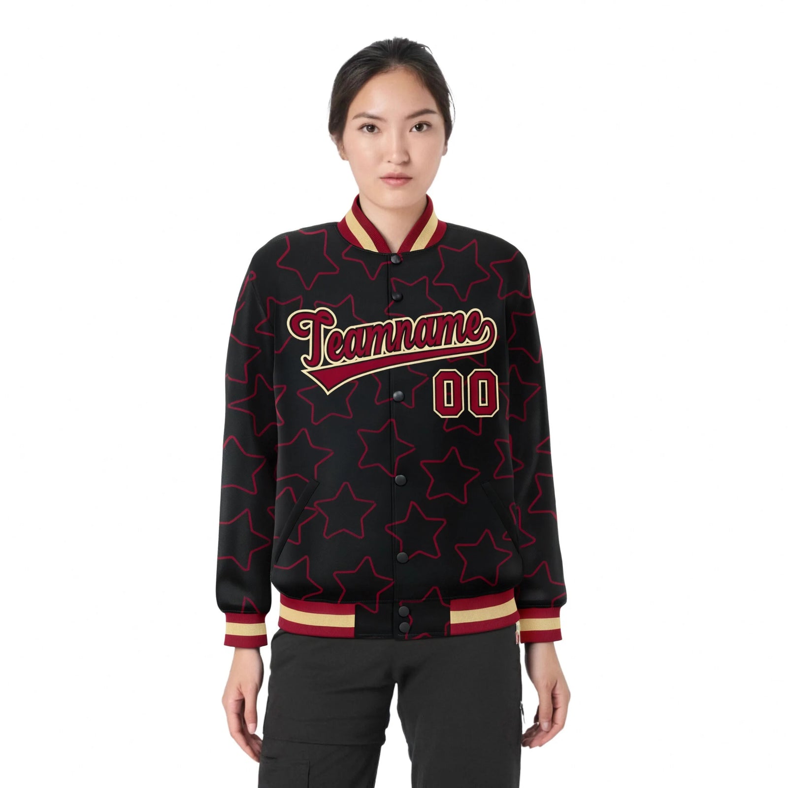 Custom Black Red-Old Gold Varsity Full-Snap Star Pattern Letterman Baseball Jacket