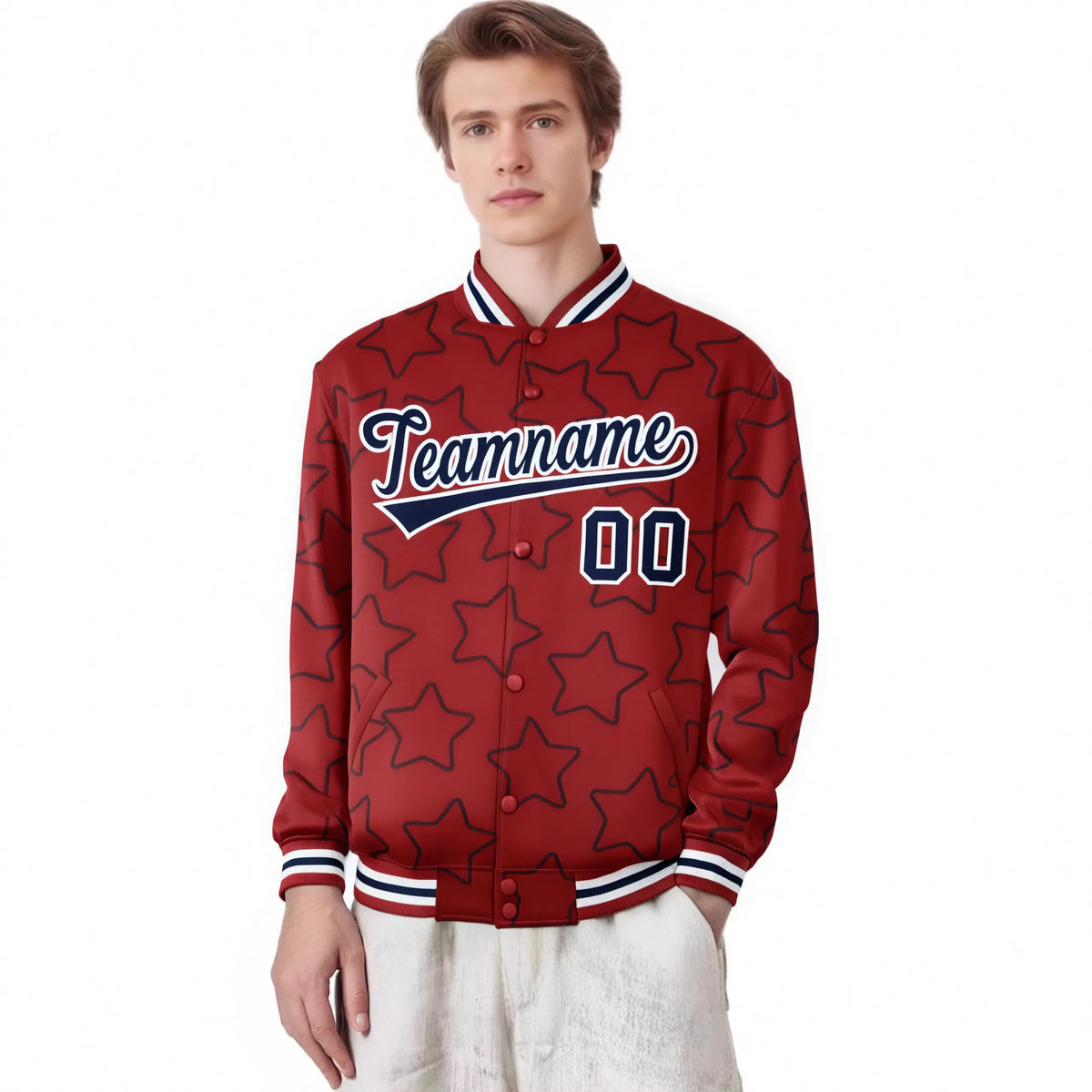 Custom Red Navy-White Varsity Full-Snap Star Pattern Letterman Baseball Jacket