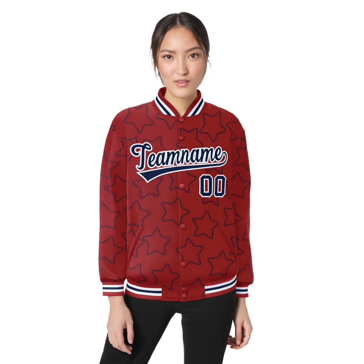 Custom Red Navy-White Varsity Full-Snap Star Pattern Letterman Baseball Jacket