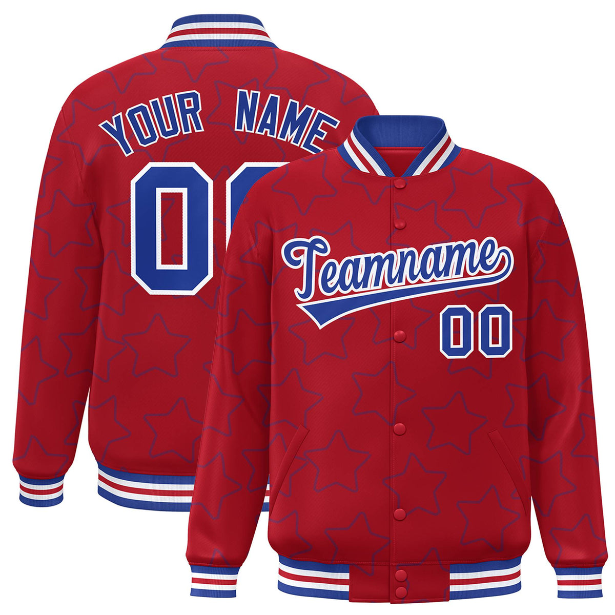 Custom Red Royal Blue-White Varsity Full-Snap Star Pattern Letterman Baseball Jacket