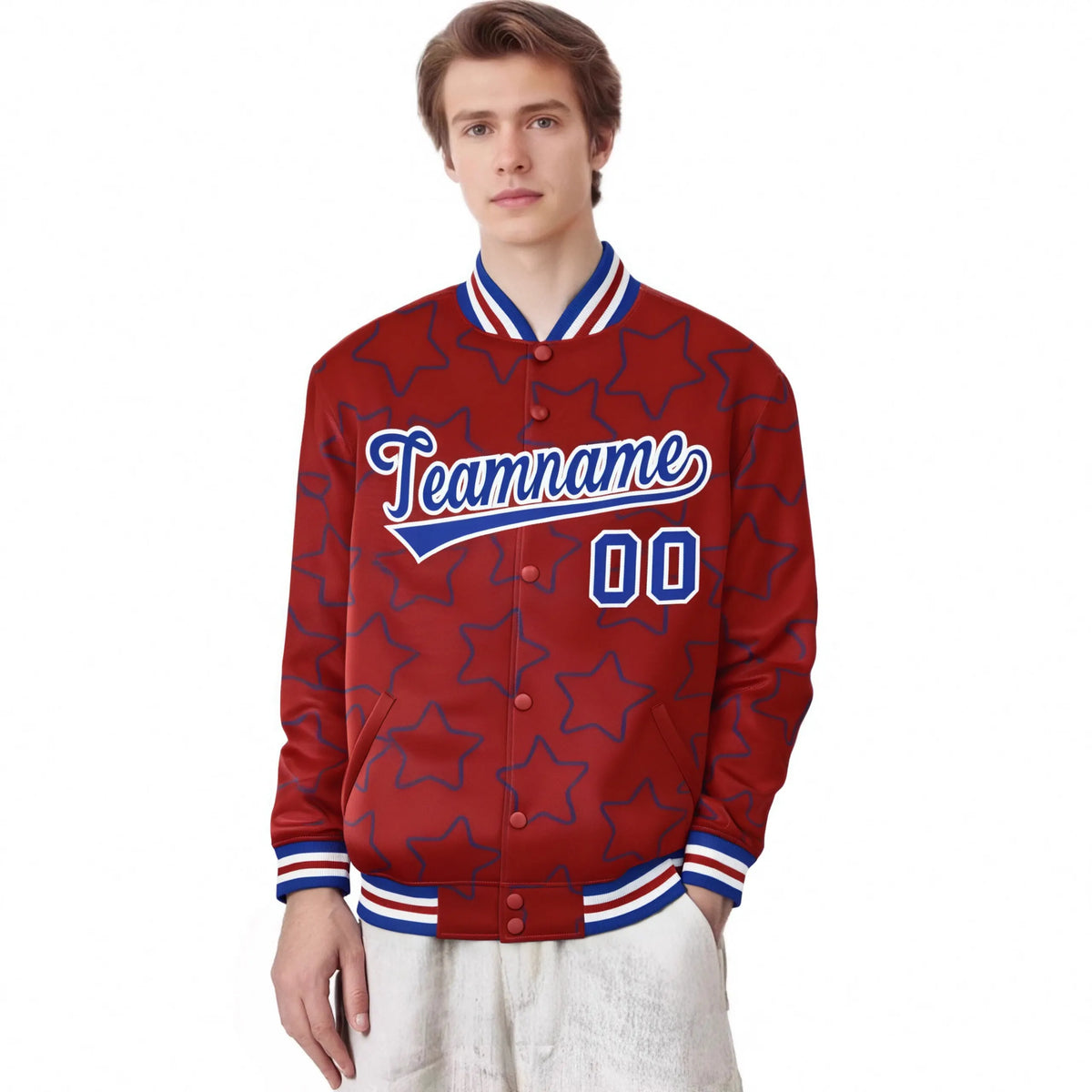 Custom Red Royal Blue-White Varsity Full-Snap Star Pattern Letterman Baseball Jacket