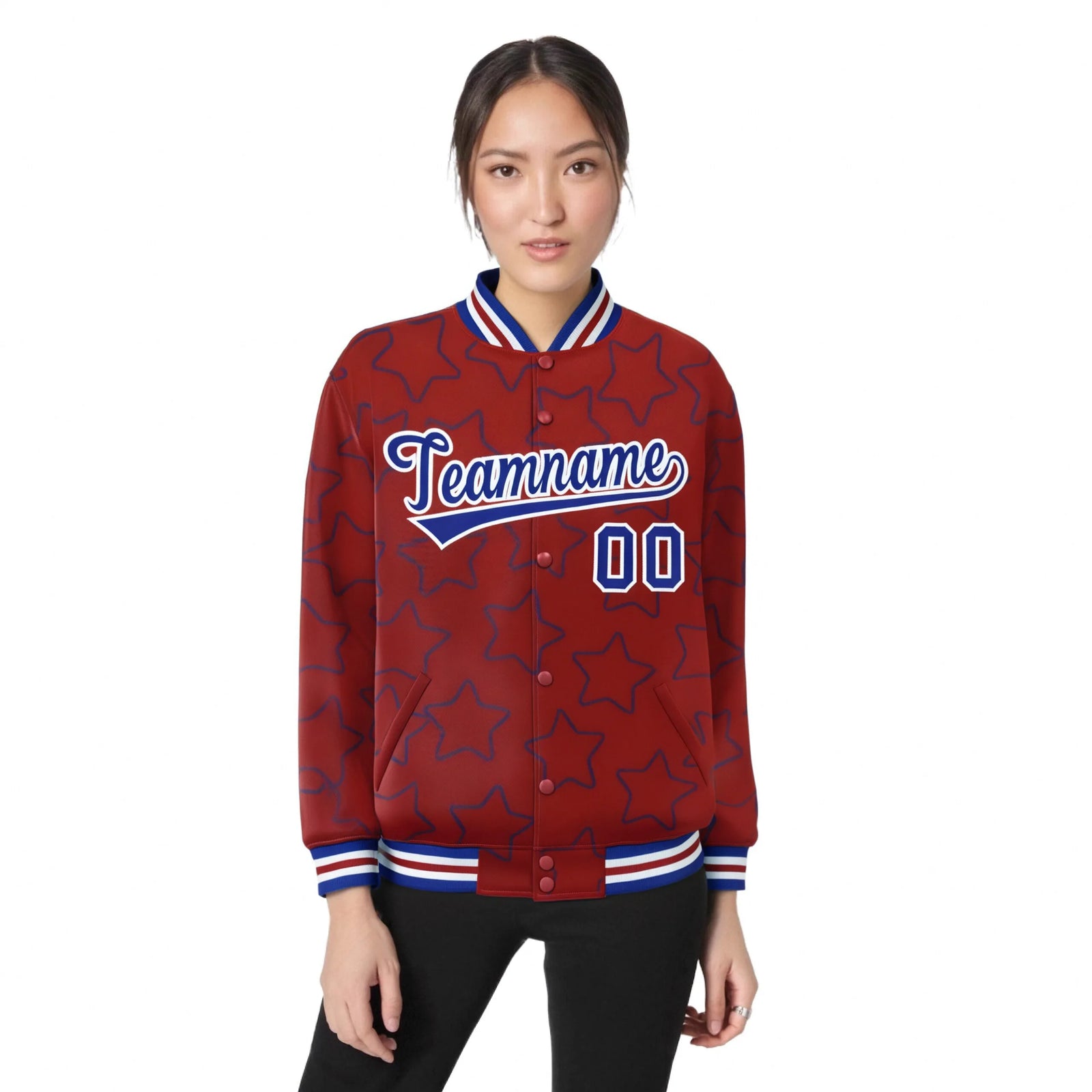 Custom Red Royal Blue-White Varsity Full-Snap Star Pattern Letterman Baseball Jacket