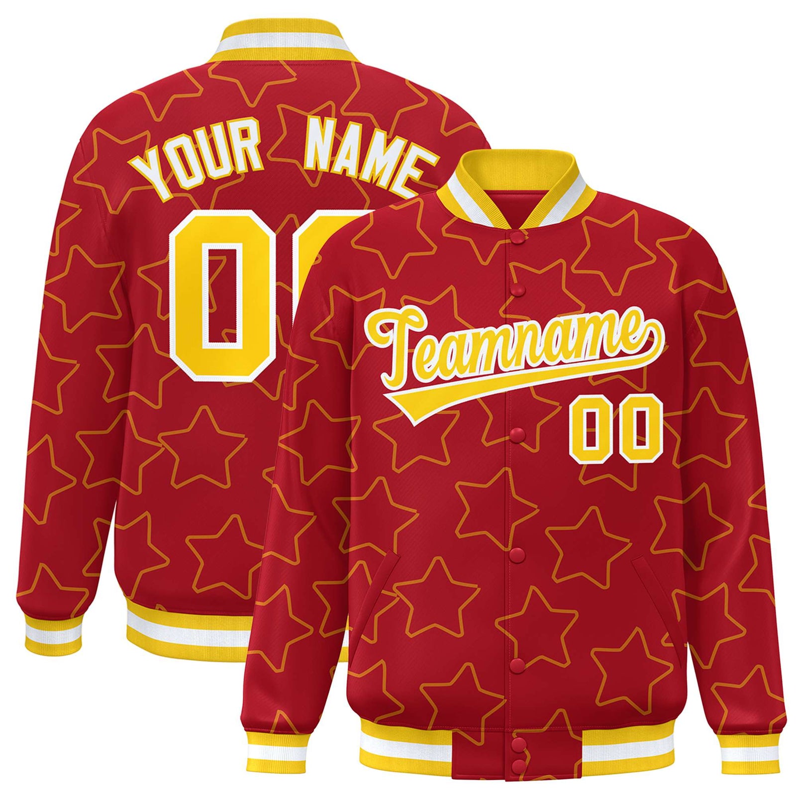 Custom Red Gold-White Varsity Full-Snap Star Pattern Letterman Baseball Jacket