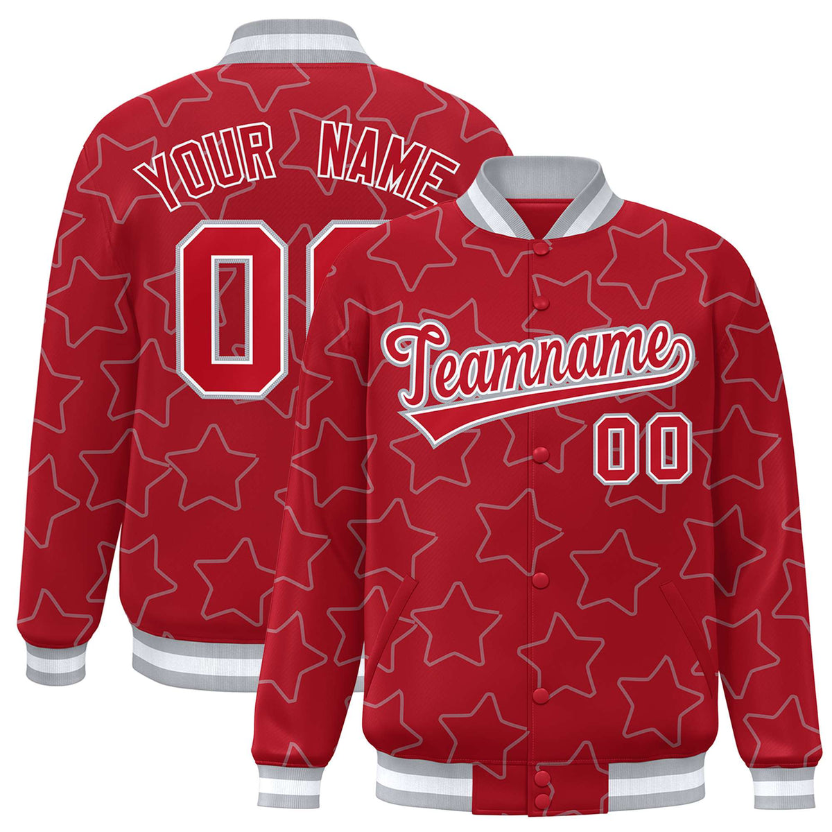 Custom Red Red-White Varsity Full-Snap Star Pattern Letterman Baseball Jacket