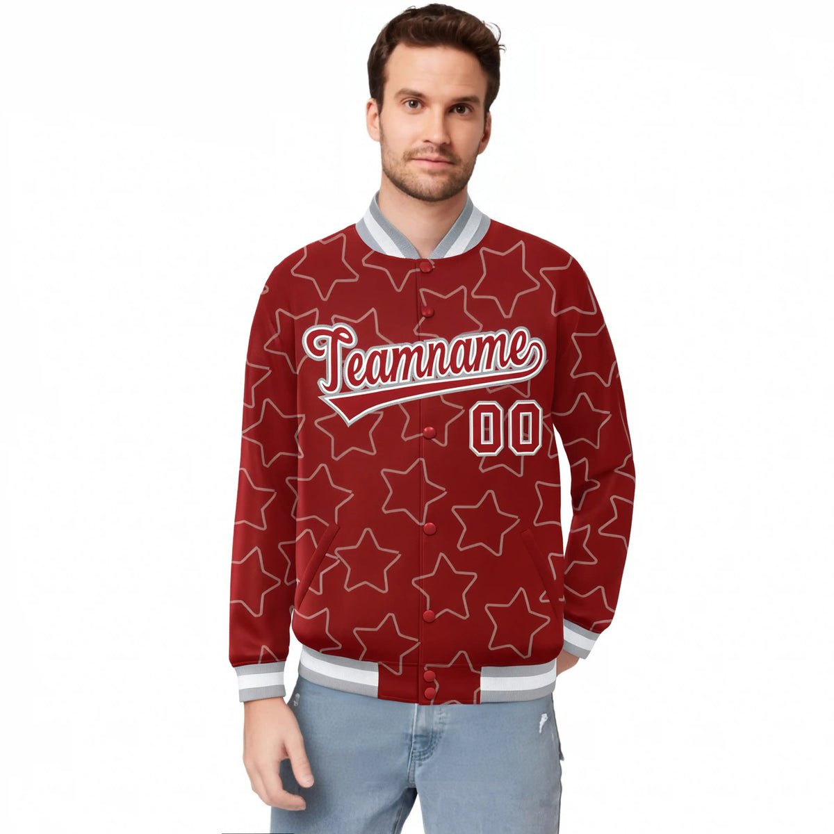 Custom Red Red-White Varsity Full-Snap Star Pattern Letterman Baseball Jacket