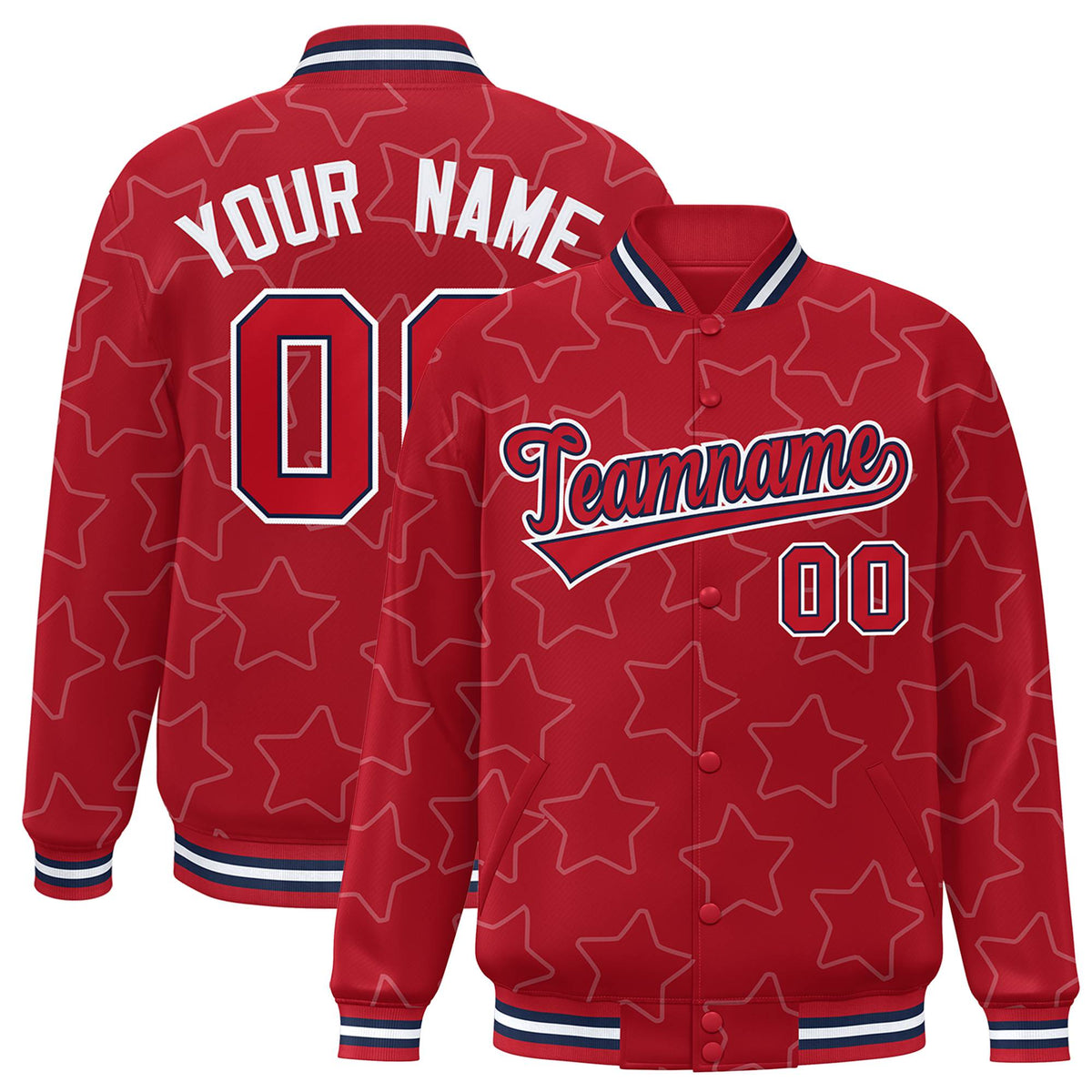 Custom Red Red-Navy Varsity Full-Snap Star Pattern Letterman Baseball Jacket