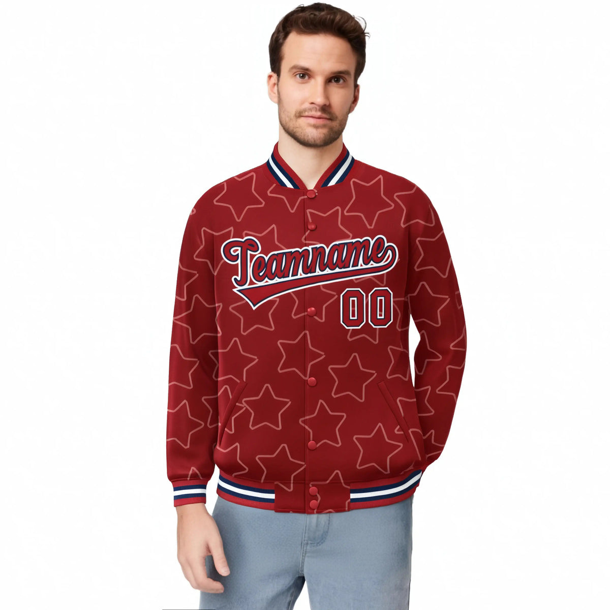 Custom Red Red-Navy Varsity Full-Snap Star Pattern Letterman Baseball Jacket