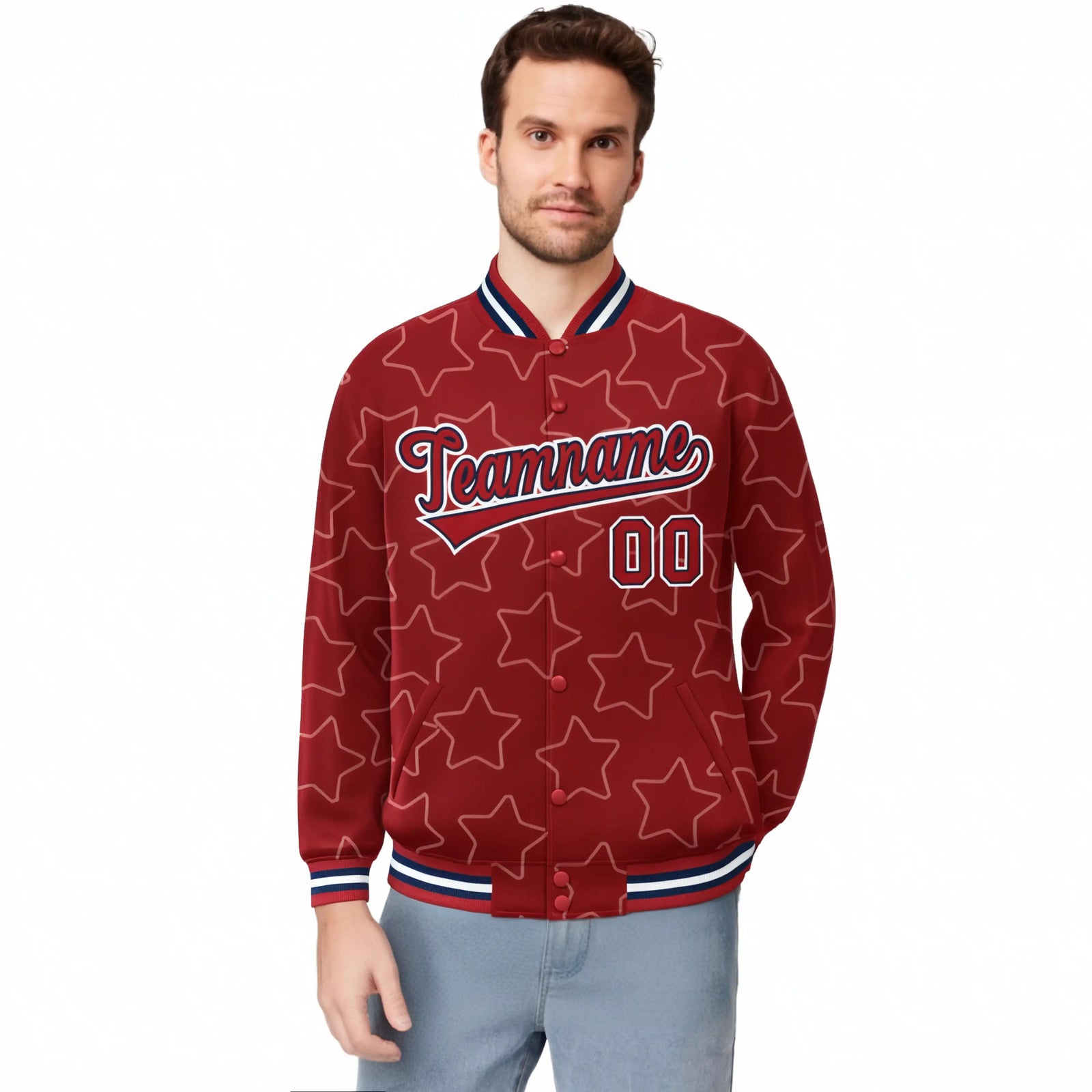 Custom Red Red-Navy Varsity Full-Snap Star Pattern Letterman Baseball Jacket
