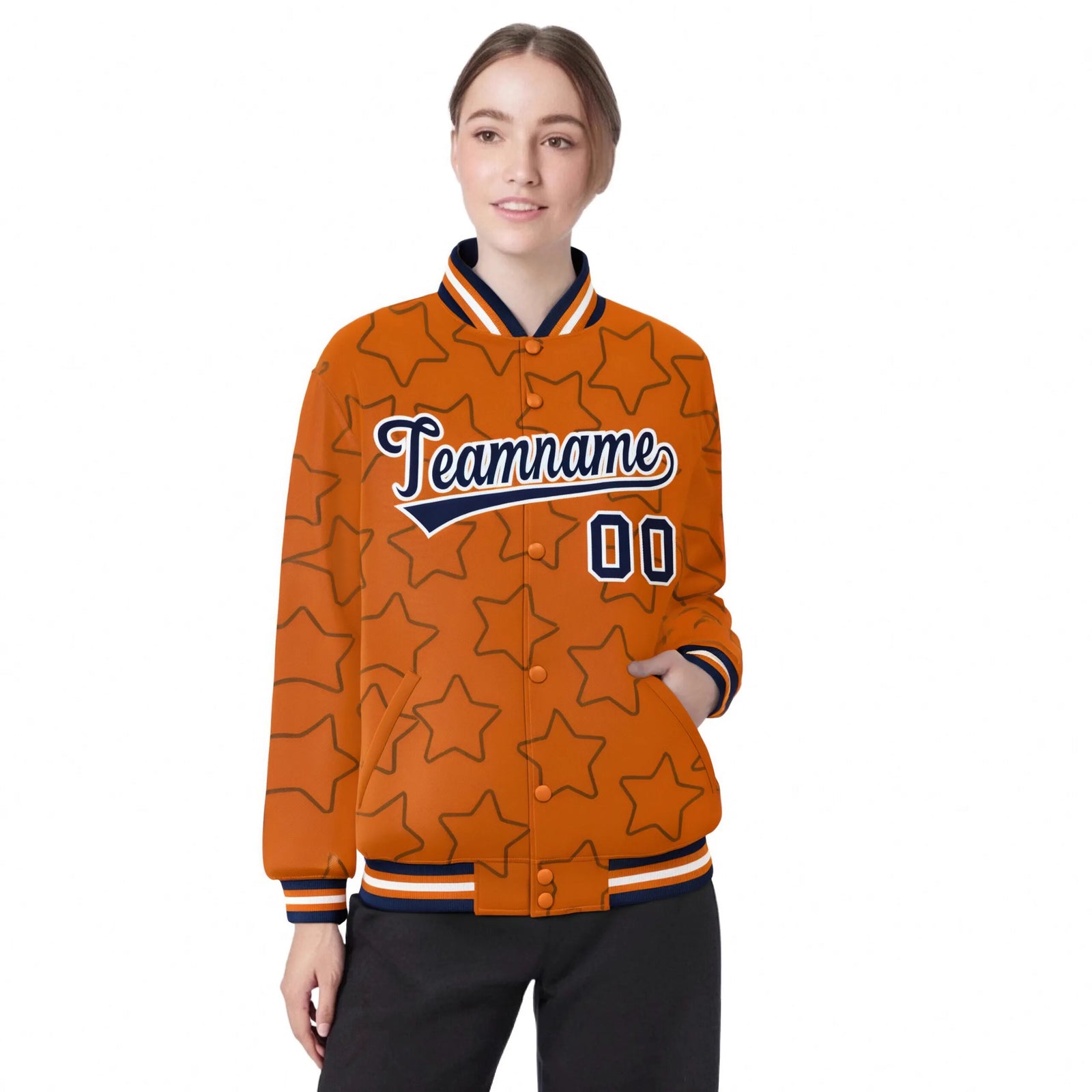 Custom Orange Navy-White Varsity Full-Snap Star Pattern Letterman Baseball Jacket