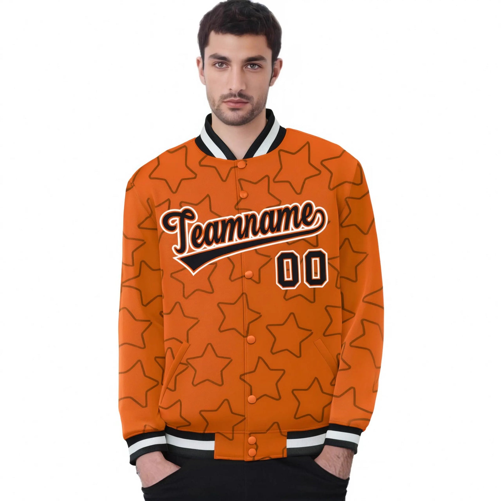 Custom Orange Black-White Varsity Full-Snap Star Pattern Letterman Baseball Jacket