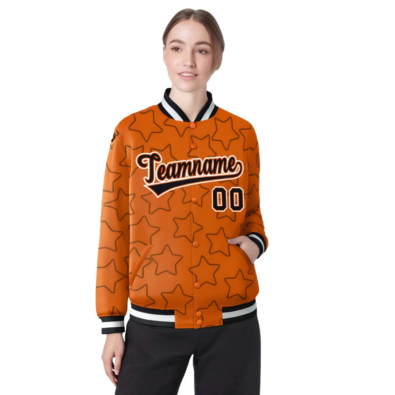 Custom Orange Black-White Varsity Full-Snap Star Pattern Letterman Baseball Jacket