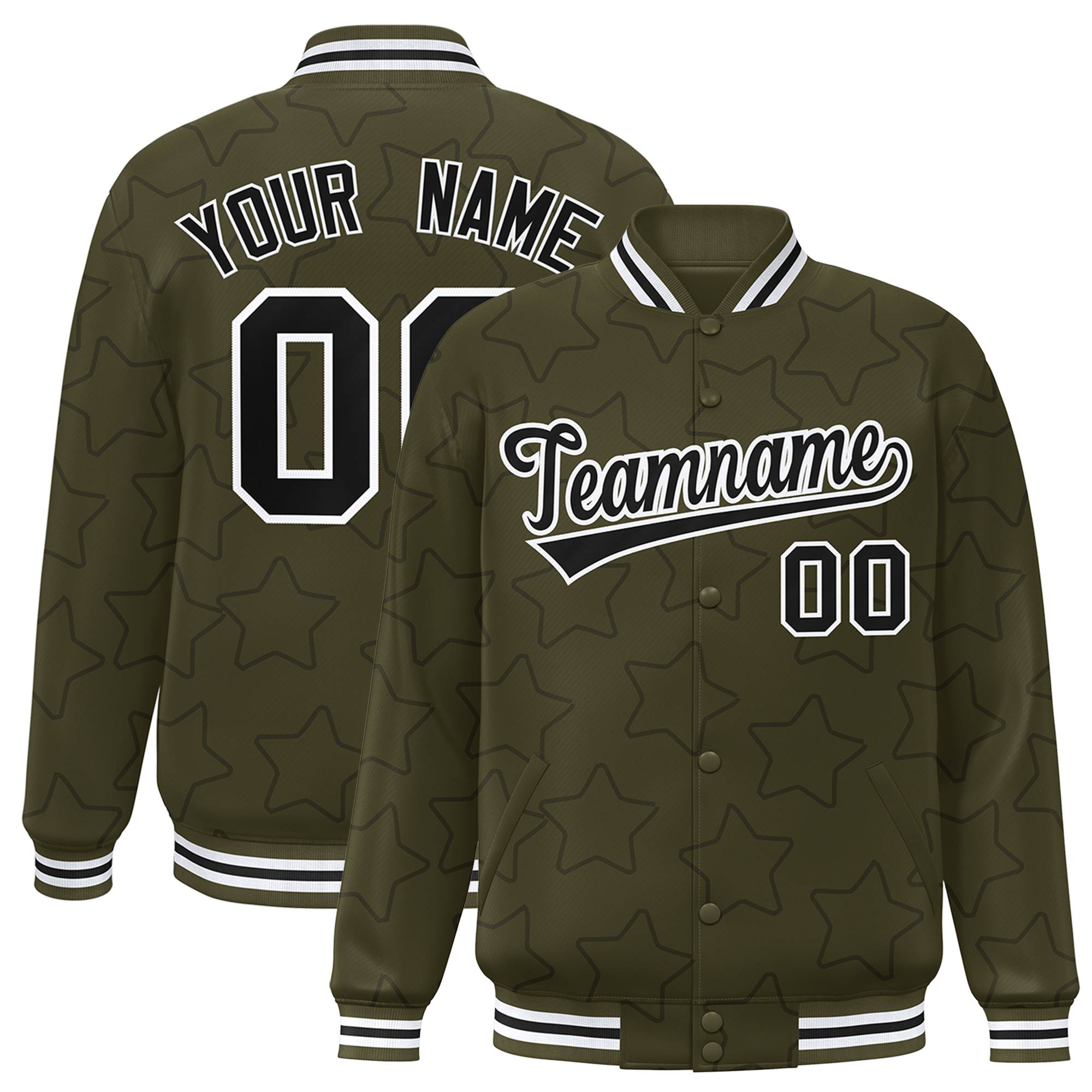 Custom Olive Black-White Varsity Full-Snap Star Pattern Letterman Baseball Jacket