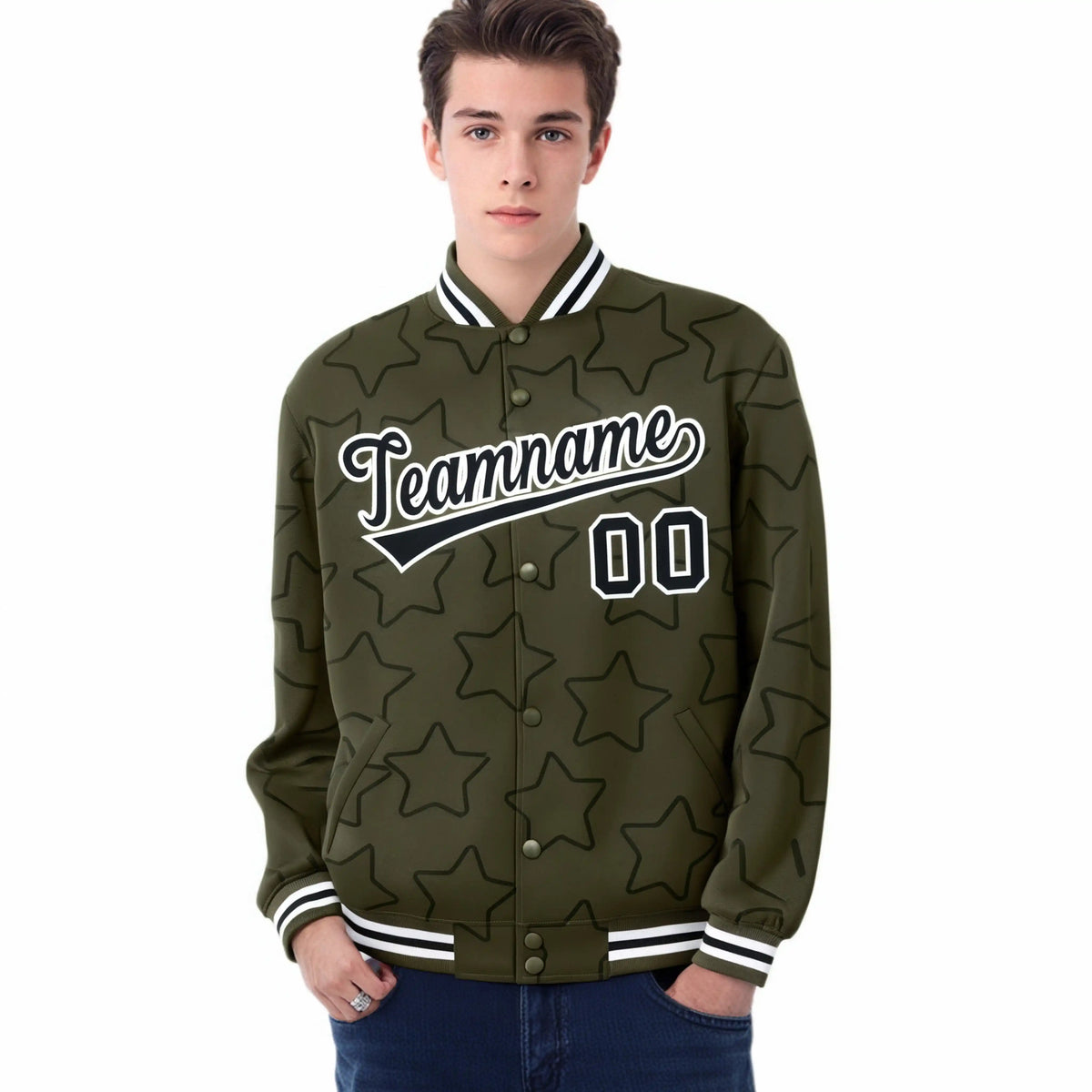 Custom Olive Black-White Varsity Full-Snap Star Pattern Letterman Baseball Jacket